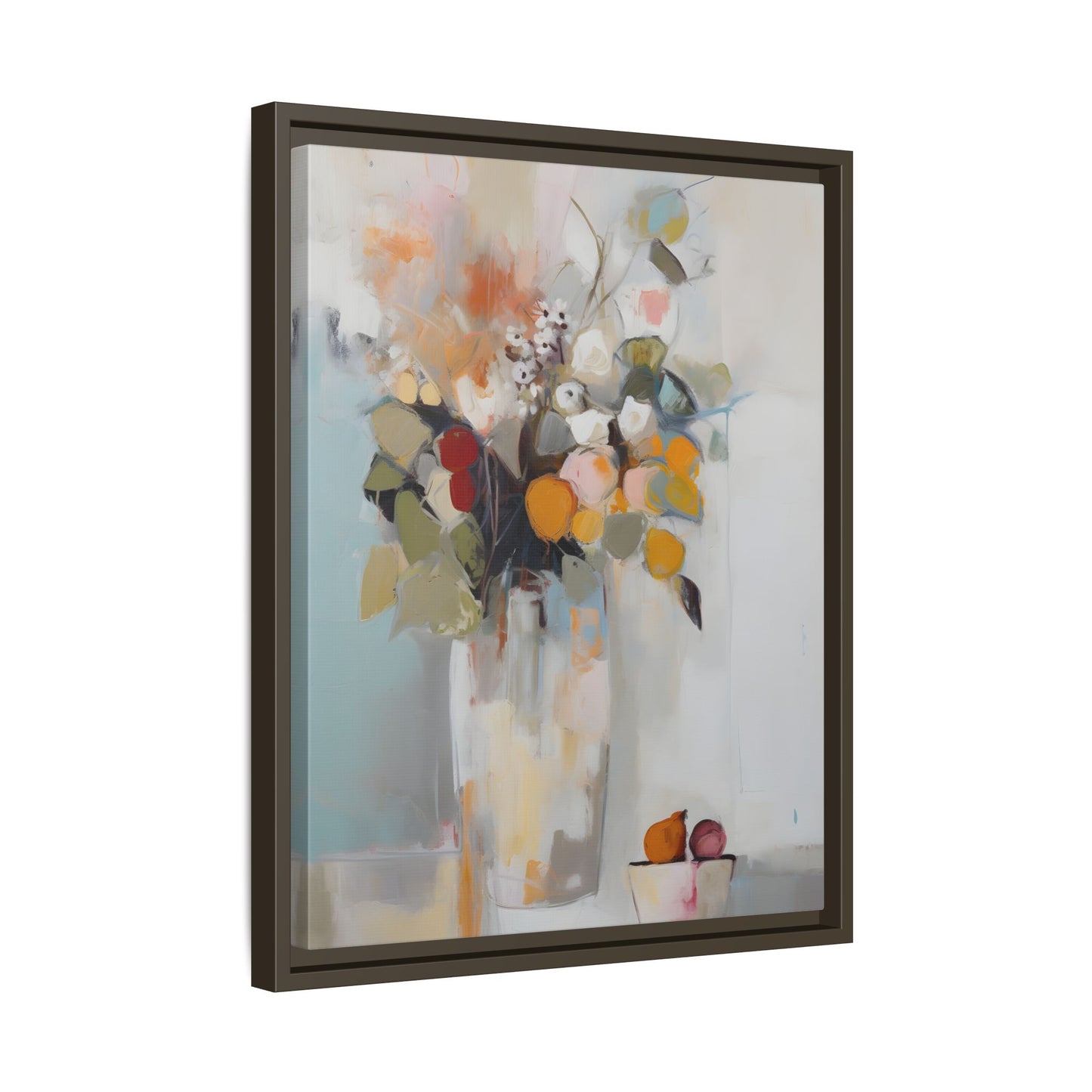 Colorful Floral Still Life Wall Art – Framed Abstract Canvas with Bright Blooms and Fruit Bowl in vibrant hues for home decor
