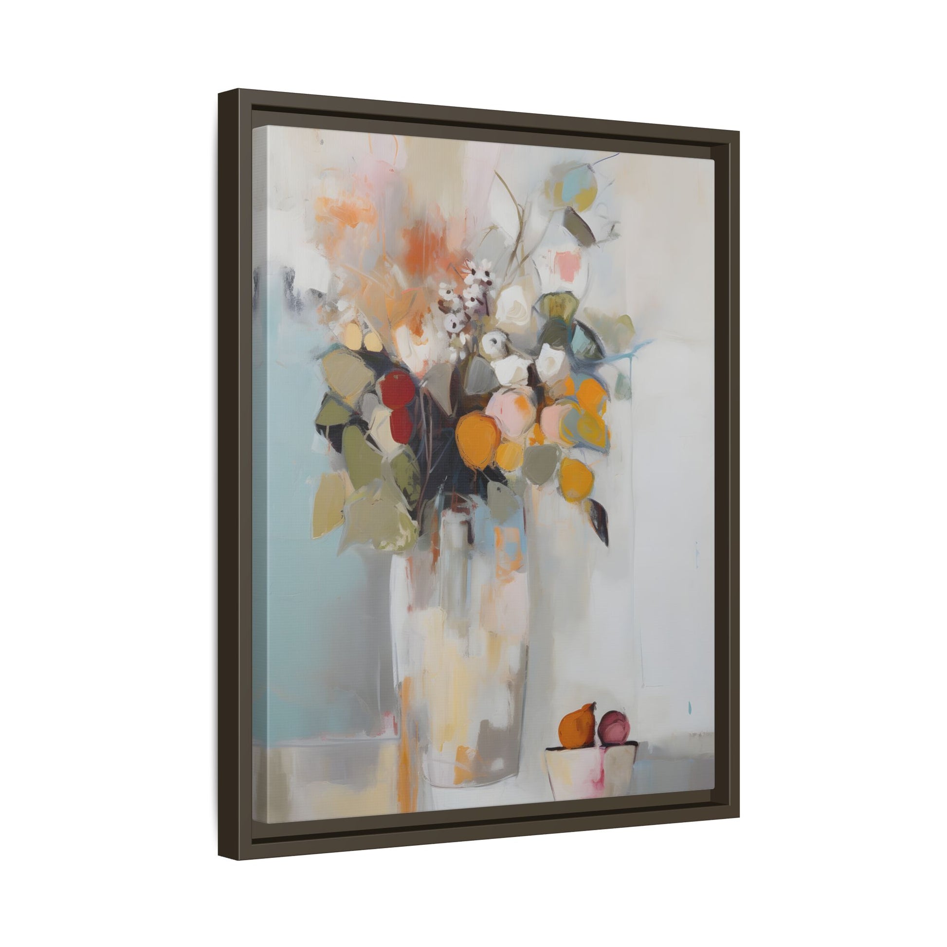 Colorful Floral Still Life Wall Art – Framed Abstract Canvas with Bright Blooms and Fruit Bowl in vibrant hues for home decor