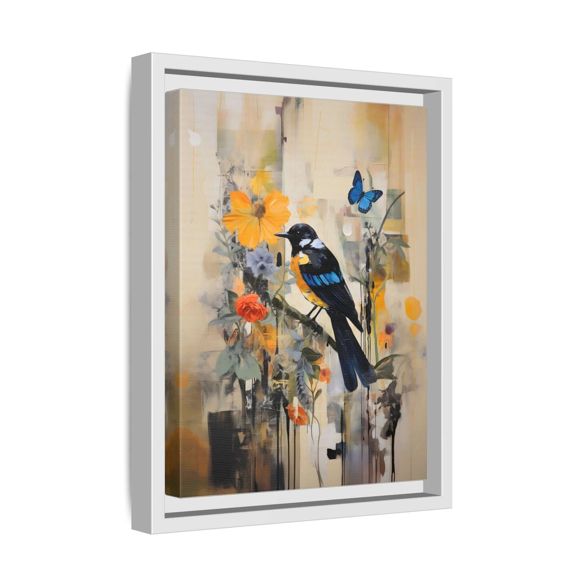 Framed canvas art featuring a colorful bird and butterfly amidst vibrant flowers, enhancing home decor. Vertical orientation, multiple sizes.