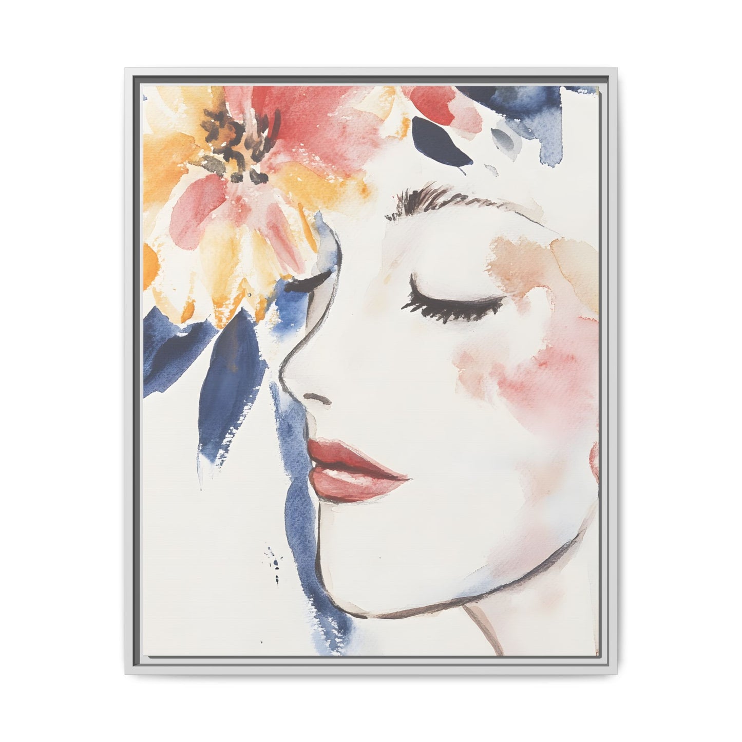 Multi-Color Framed Matte Canvas Art - Floral Face Portrait, vertical artwork in vibrant hues, perfect for enhancing modern living spaces.