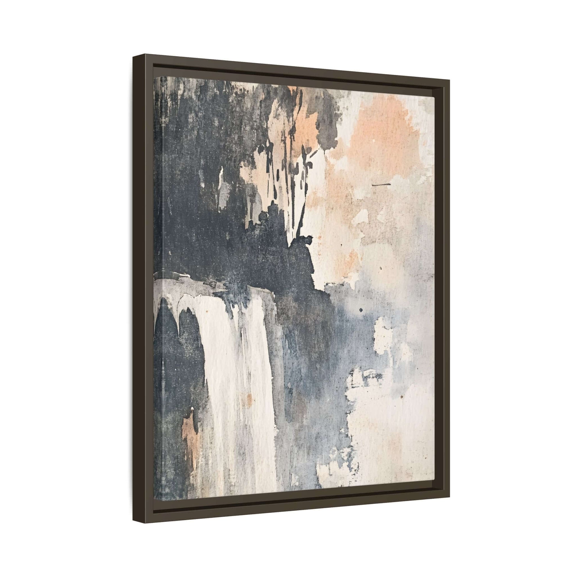 Framed waterfall art print on matte canvas, vertical orientation, home decor, neutral tones, contemporary design, wall artwork.