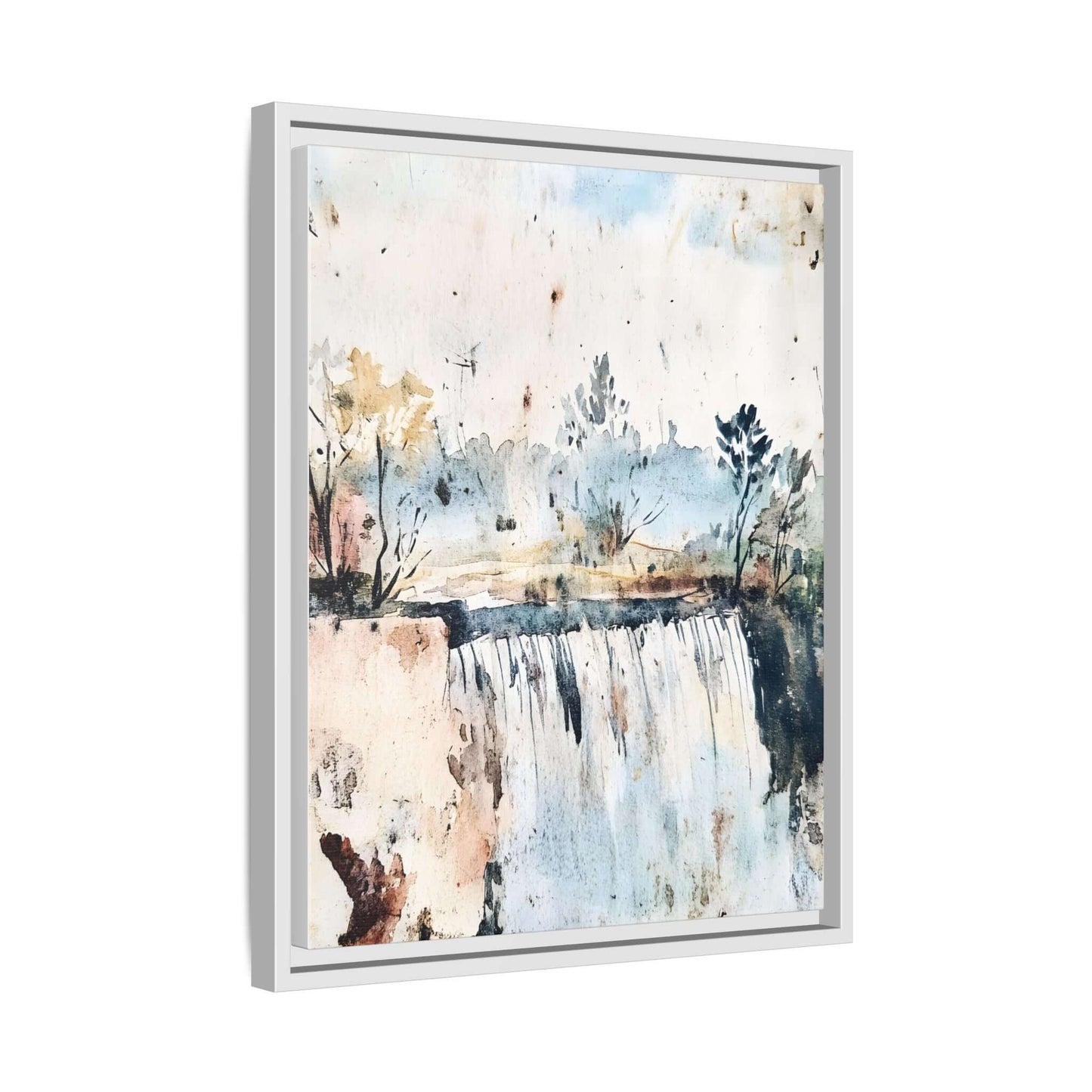 Framed watercolor art featuring a serene landscape with waterfall, 12x9 inch, ideal for home decor.