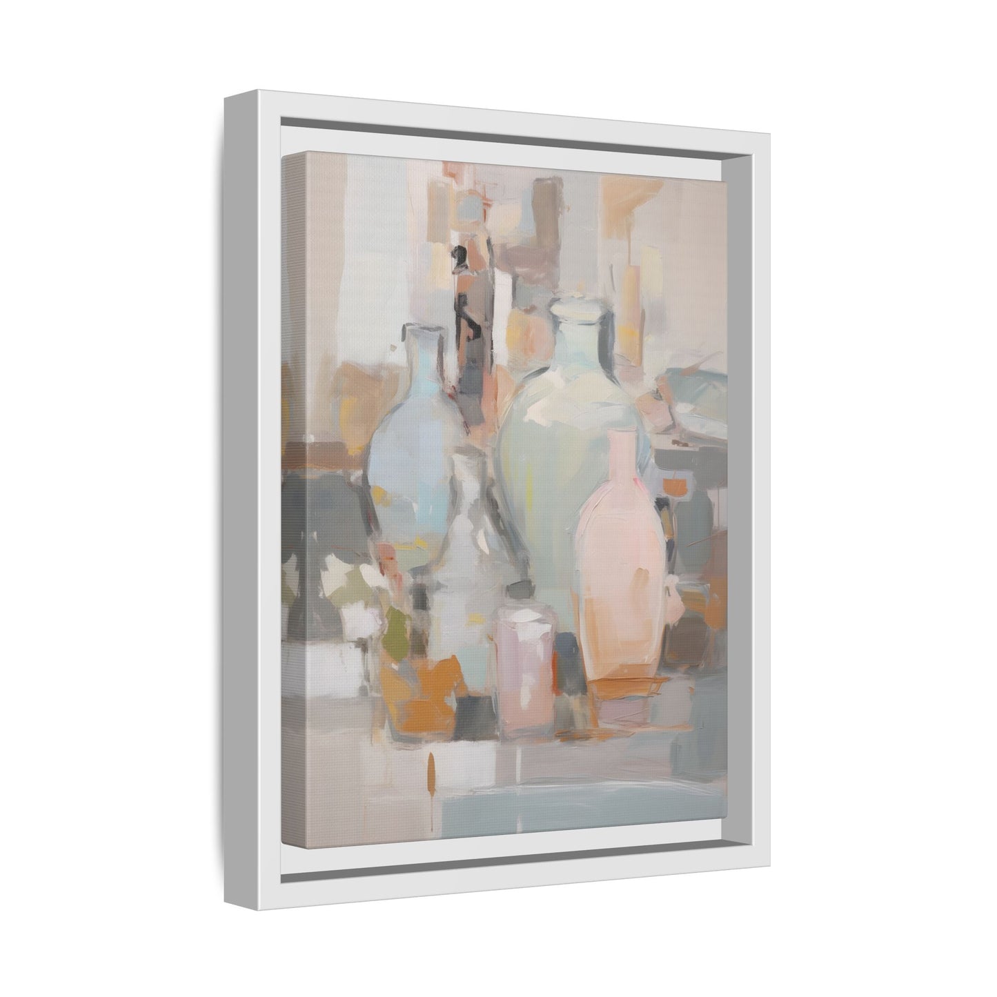Modern Abstract Still Life Wall Art – Colorful Framed Canvas with Blue, Pink & Terracotta Bottles, featuring vibrant decor.