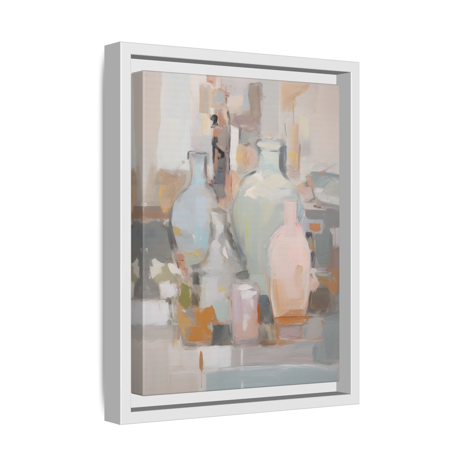 Modern Abstract Still Life Wall Art – Colorful Framed Canvas with Blue, Pink & Terracotta Bottles, featuring vibrant decor.
