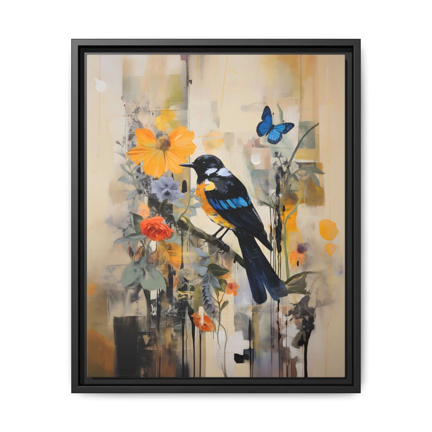Framed canvas art featuring a colorful bird and butterfly with vibrant floral background, perfect for home decor. 8x10 to 24x32 sizes available.