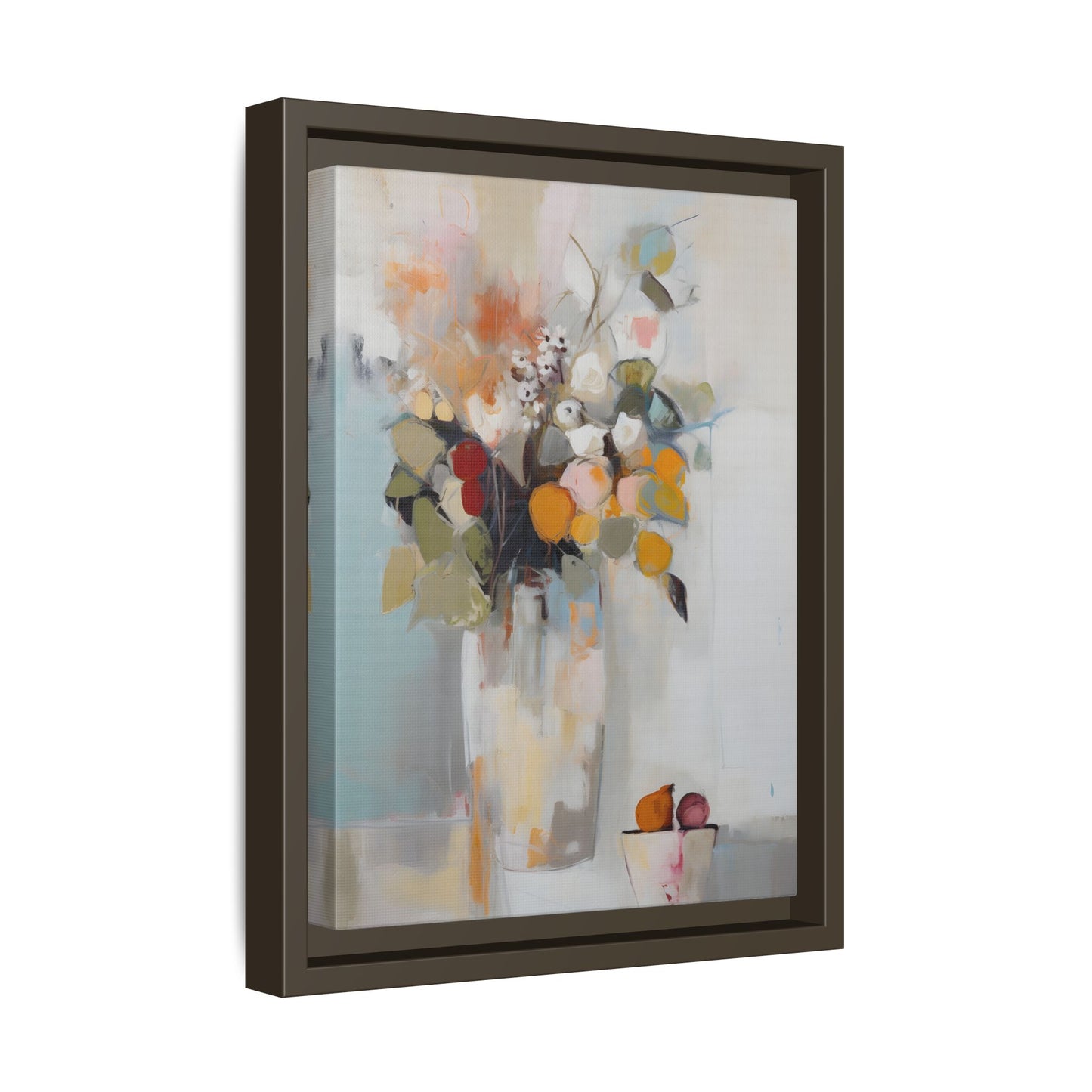 Colorful Floral Still Life Wall Art – Framed Abstract Canvas with Bright Blooms and Fruit Bowl in a vase with vibrant colors