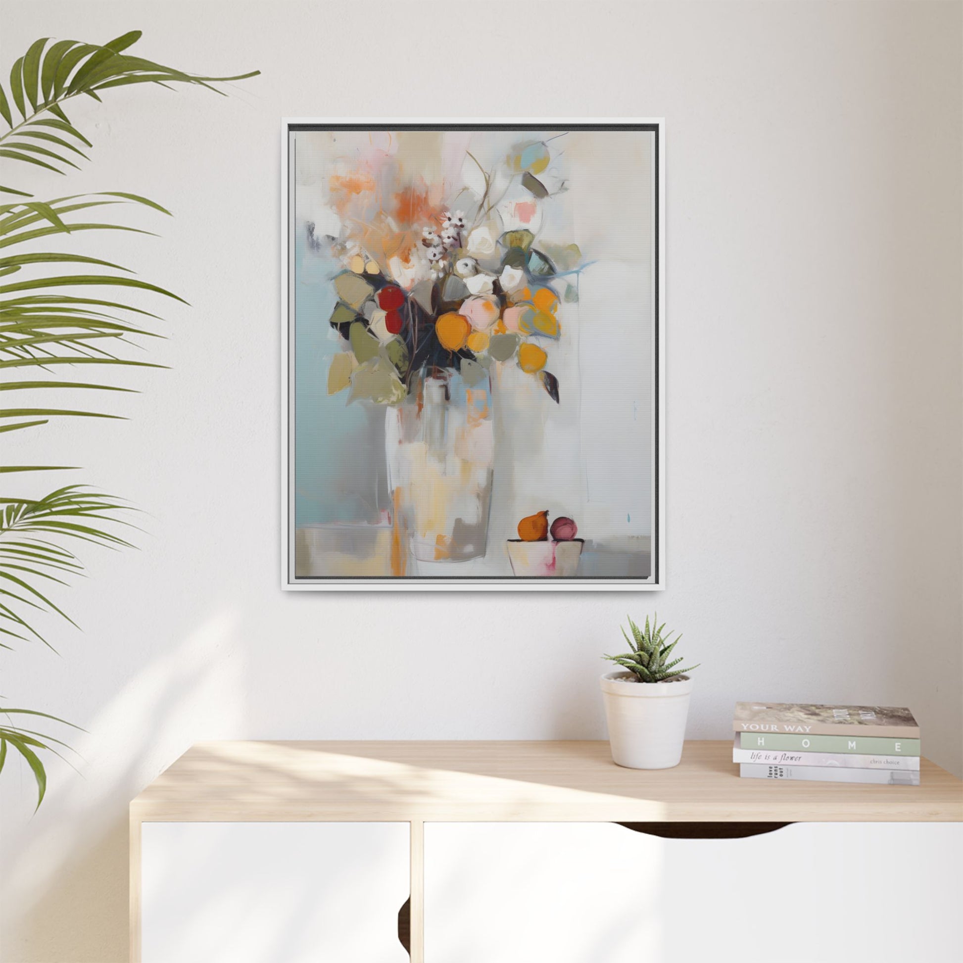 Colorful Floral Still Life Wall Art – Framed Abstract Canvas with Bright Blooms and Fruit Bowl on white wall