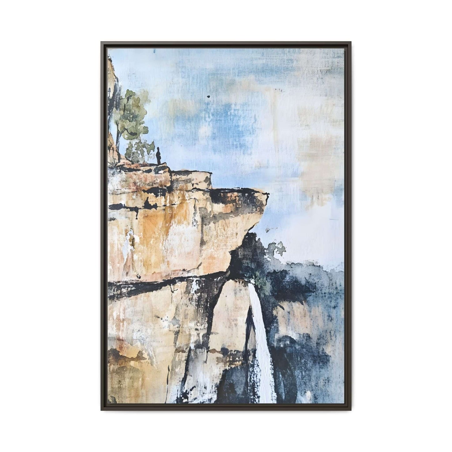 Impressionistic framed canvas wall art depicting a tranquil waterfall landscape, perfect for enhancing room serenity and inspiration.