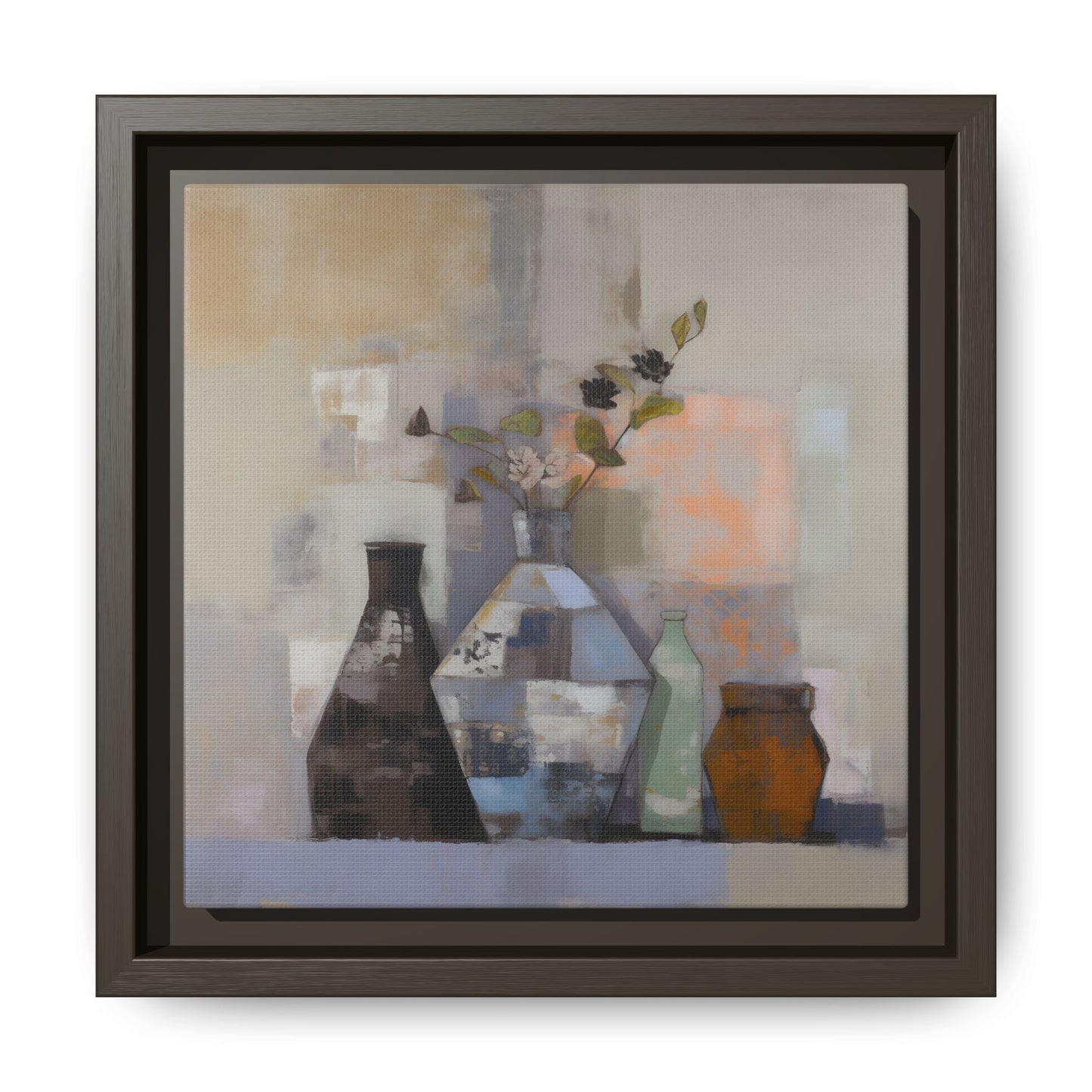 Earthy Bottle Still Life Wall Art – Framed Abstract Canvas with Geometric Vases in Neutral Tones