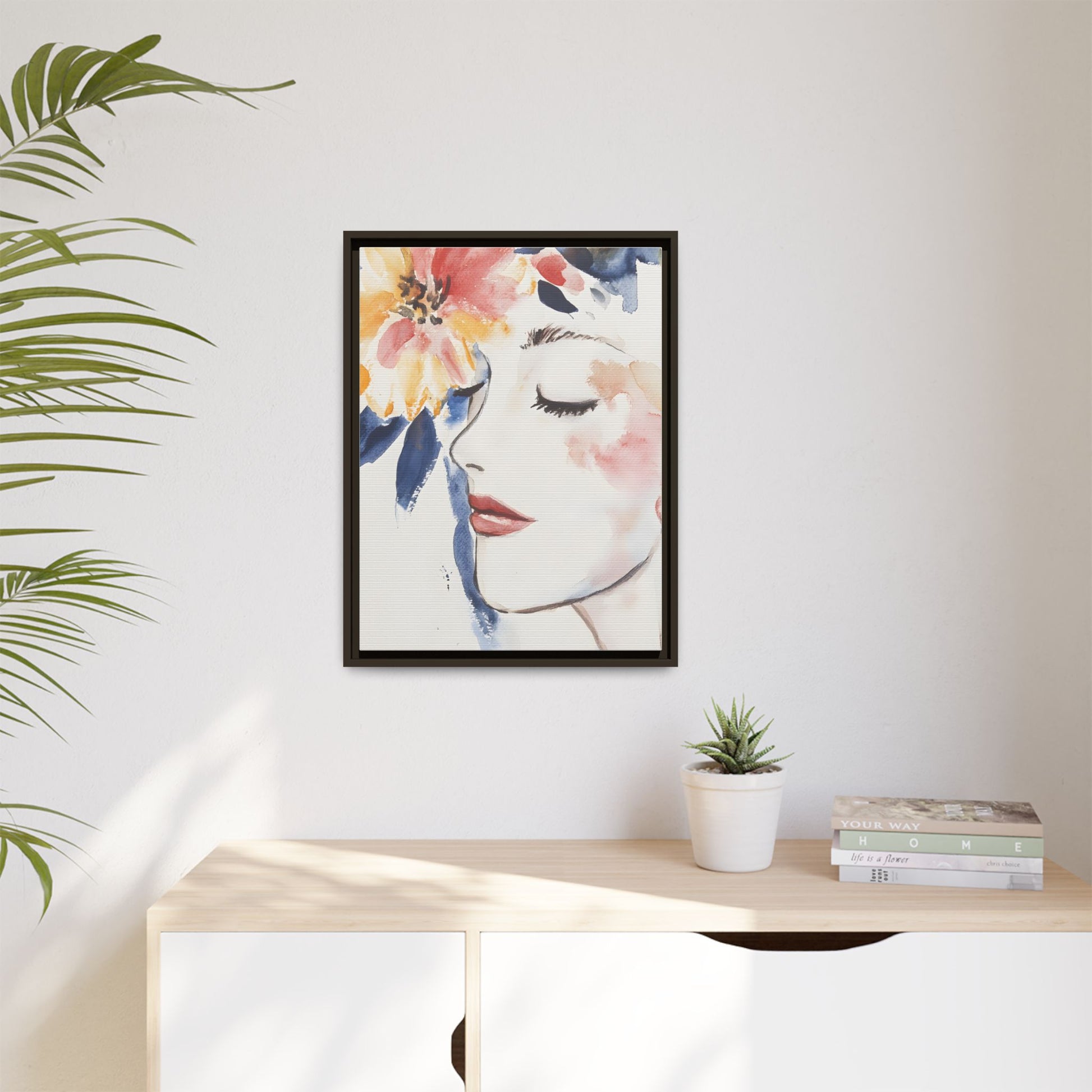 Multi-Color Framed Matte Canvas Art - Floral Face Portrait wall decor in a modern room