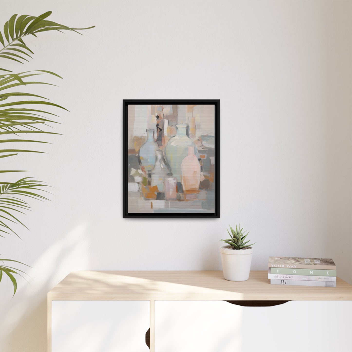 Modern Abstract Still Life Wall Art – Colorful Framed Canvas with Blue, Pink & Terracotta Bottles displayed in a minimalist room.