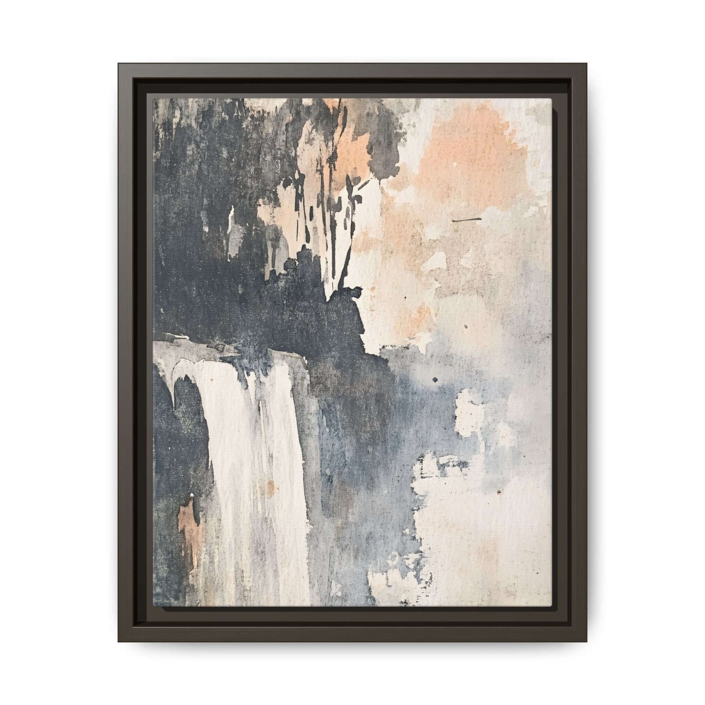 Framed waterfall art print on matte canvas, featuring abstract natural tones, perfect for home decor and wall art enthusiasts.
