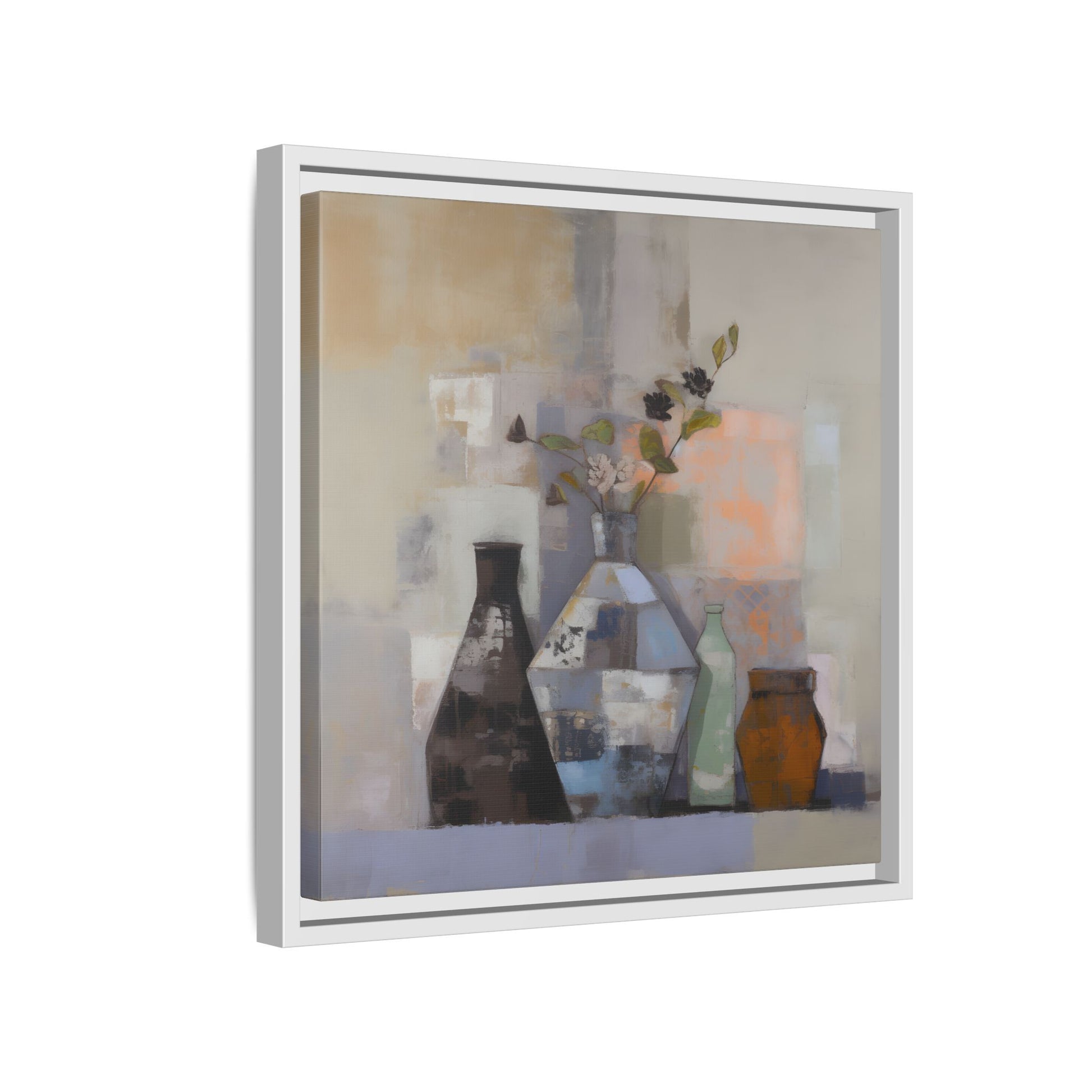 Earthy Bottle Still Life Wall Art – Framed Abstract Canvas with Geometric Vases in Neutral Tones featuring modern still life artwork