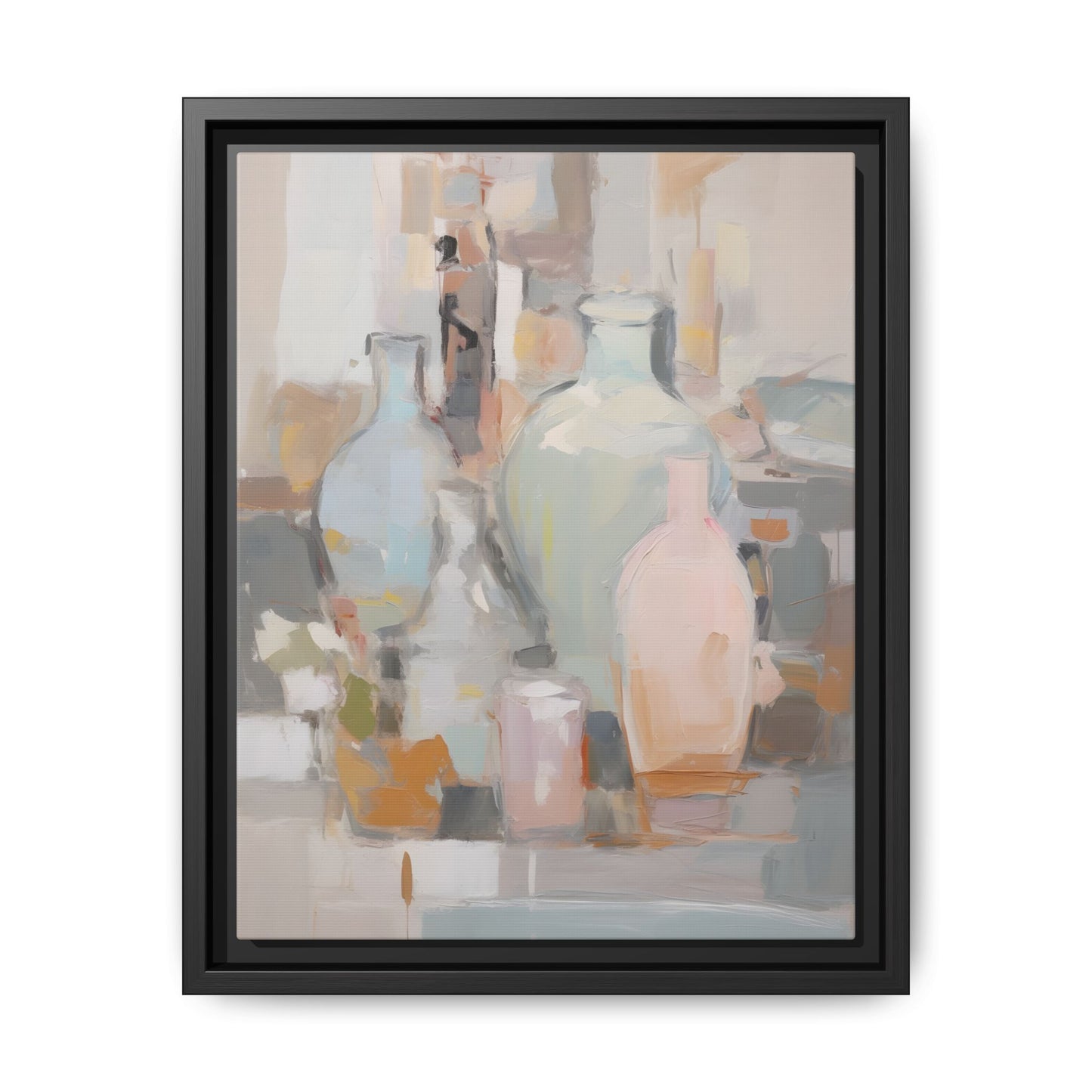 Modern Abstract Still Life Wall Art – Colorful Framed Canvas with Blue, Pink & Terracotta Bottles for vibrant decor enhancement