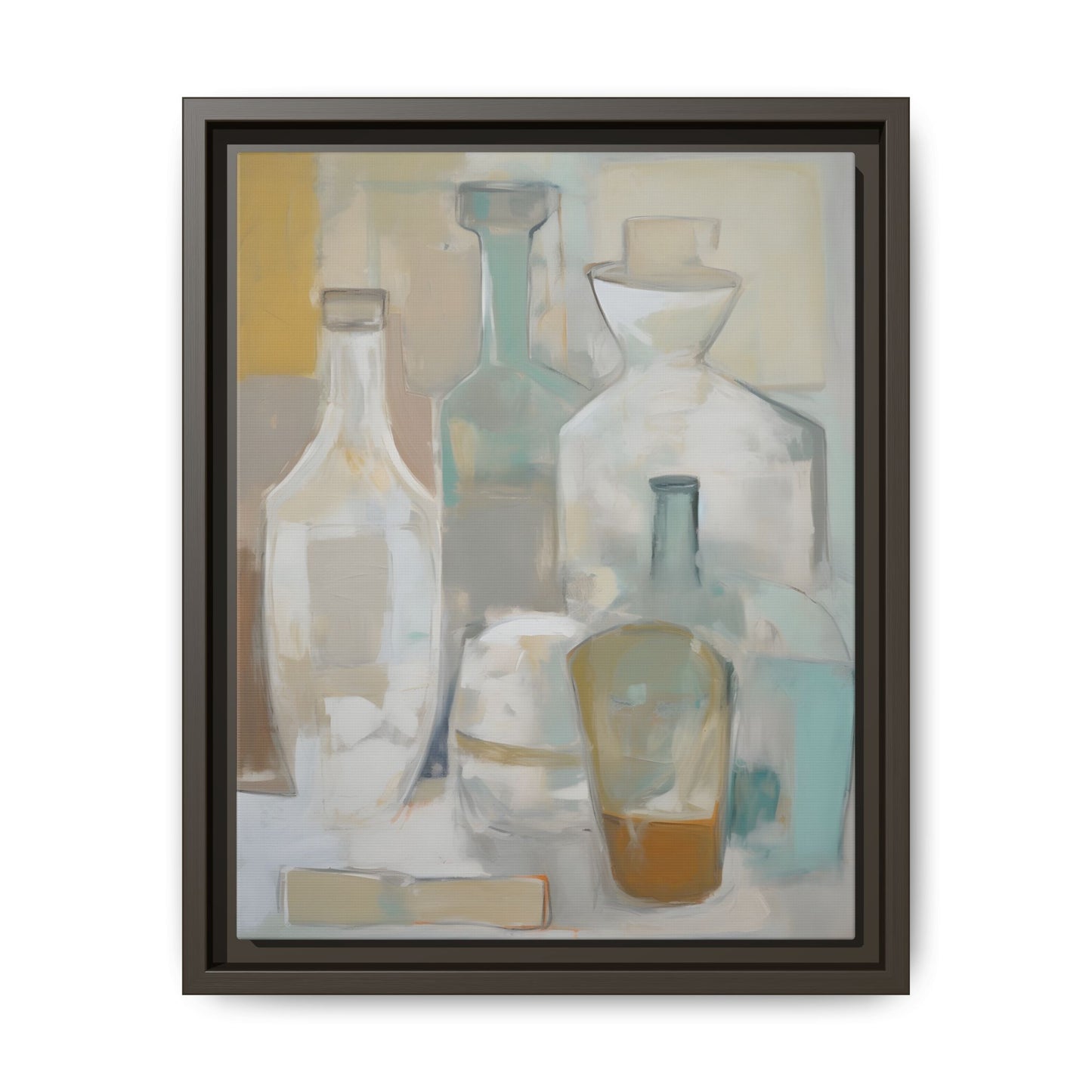 Modern Still Life Wall Art – Neutral Bottles Framed Canvas in Beige, Aqua & Amber with elegant translucent bottles for home decor.