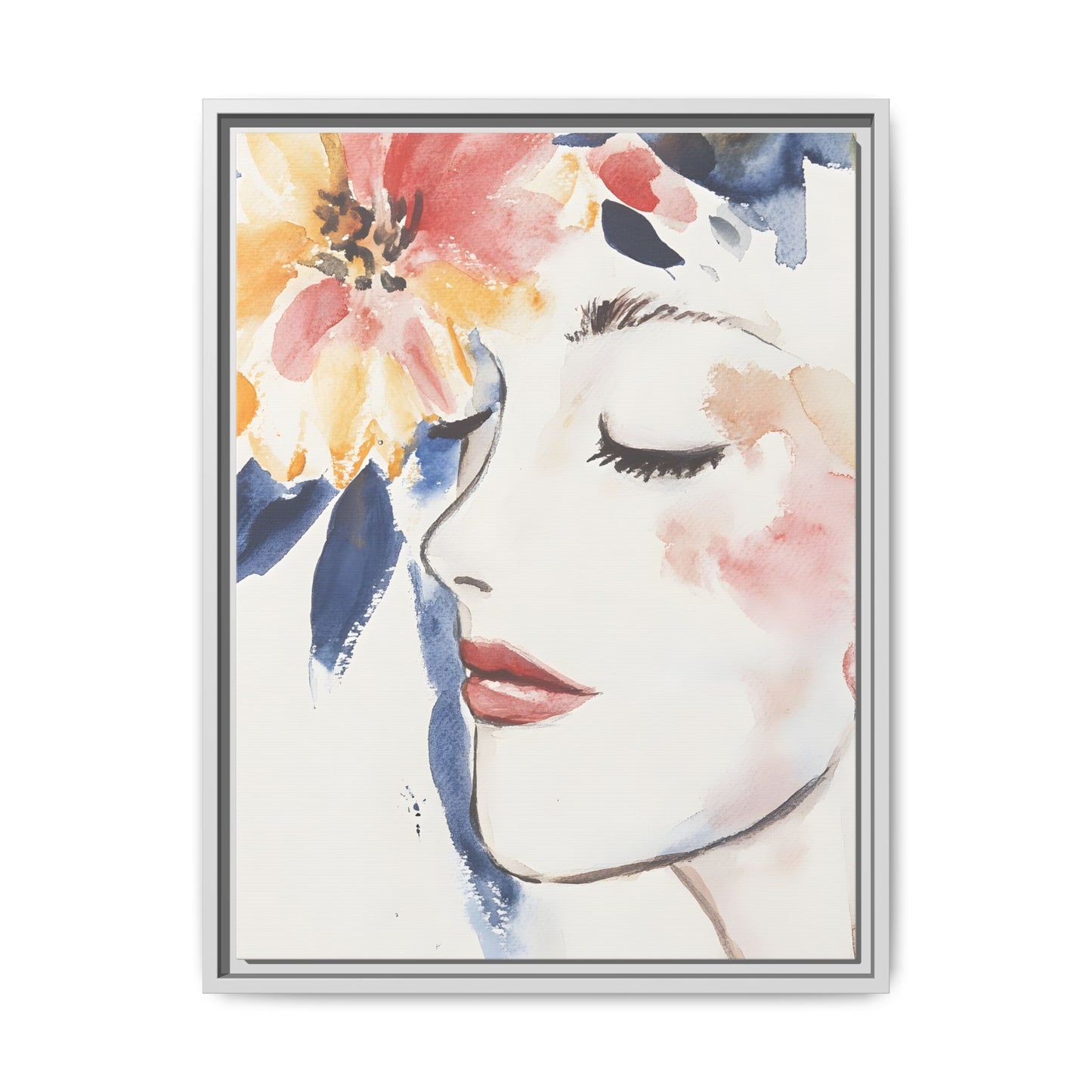Multi-Color Framed Matte Canvas Art - Floral Face Portrait, showcasing vibrant watercolor flower and serene face.