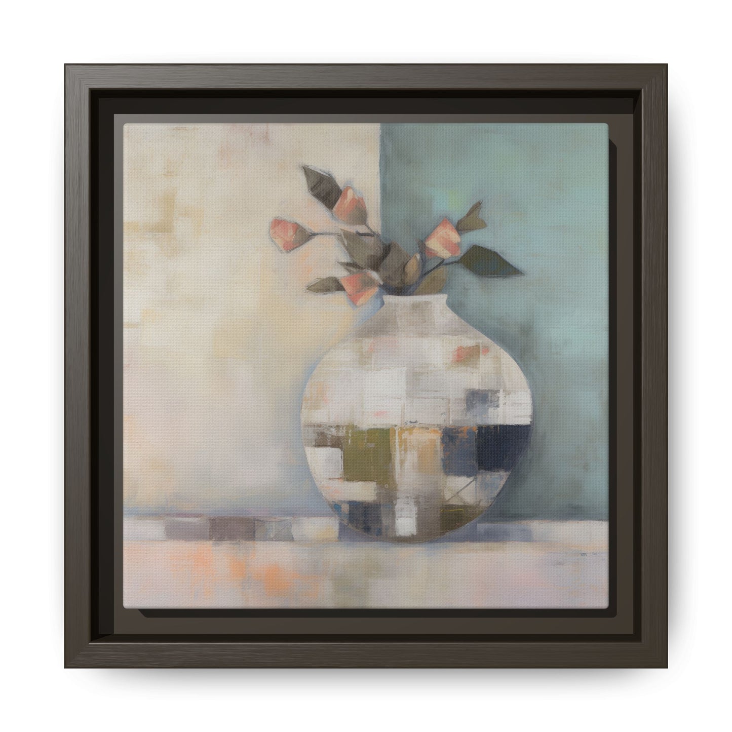 Geometric Floral Still Life Wall Art – Framed Abstract Canvas with Vase and Blush Pink Buds featuring serene colors.