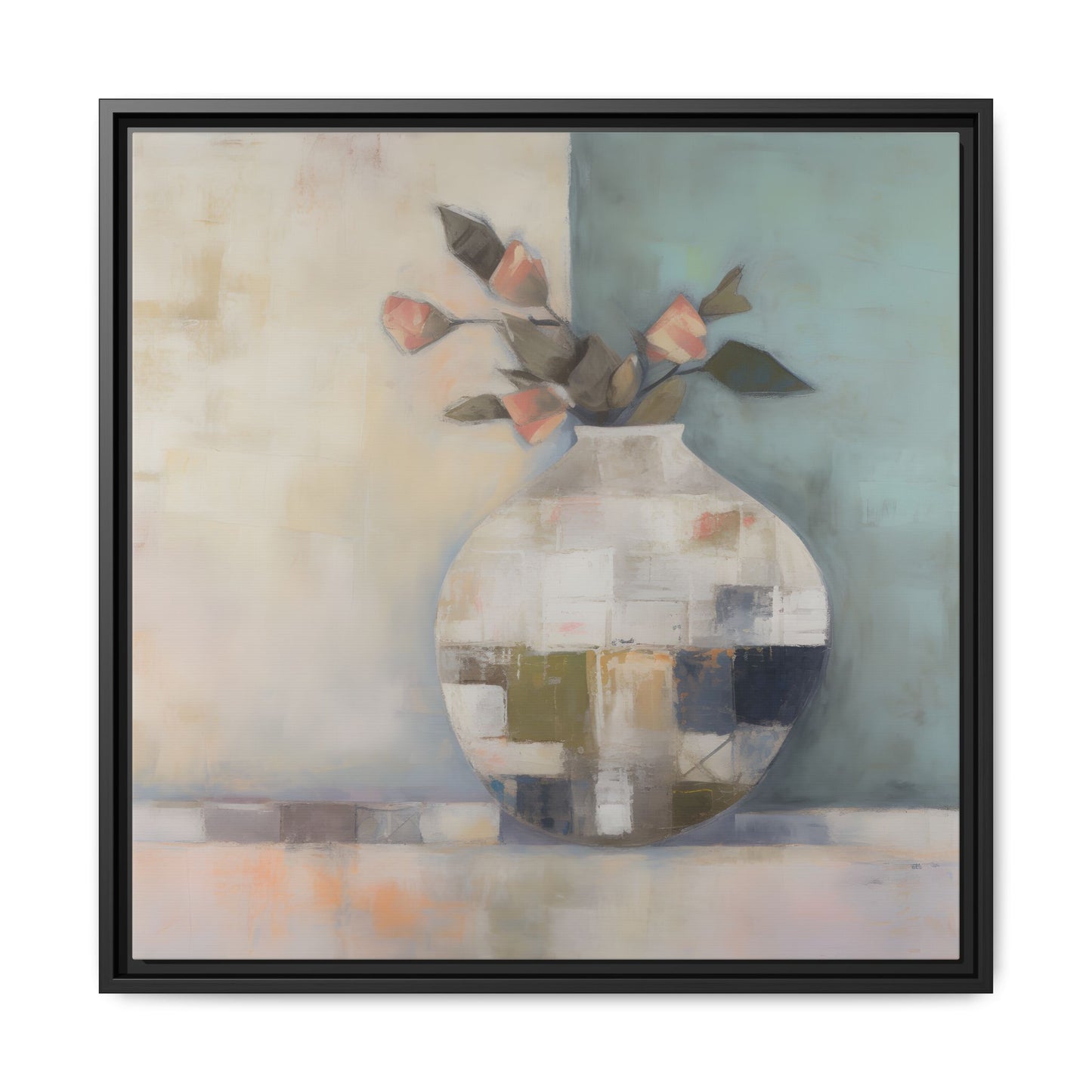 Geometric Floral Still Life Wall Art – Framed Abstract Canvas with Vase and Blush Pink Buds, featuring geometric vase and soft tones.