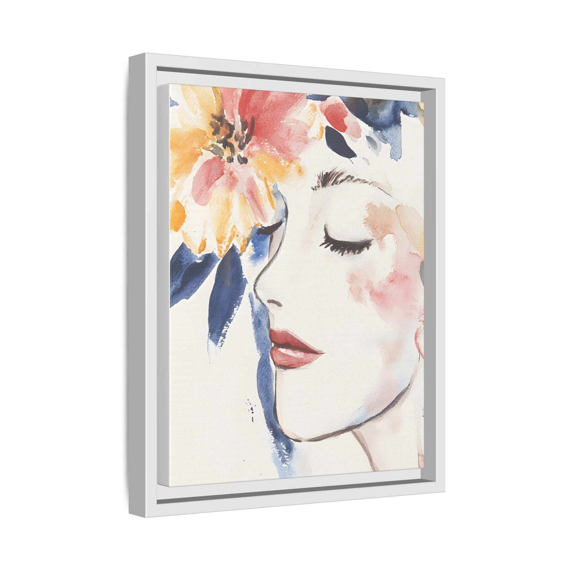 Multi-Color Framed Matte Canvas Art - Floral Face Portrait, vertical wall art in various sizes, enhancing modern living spaces.