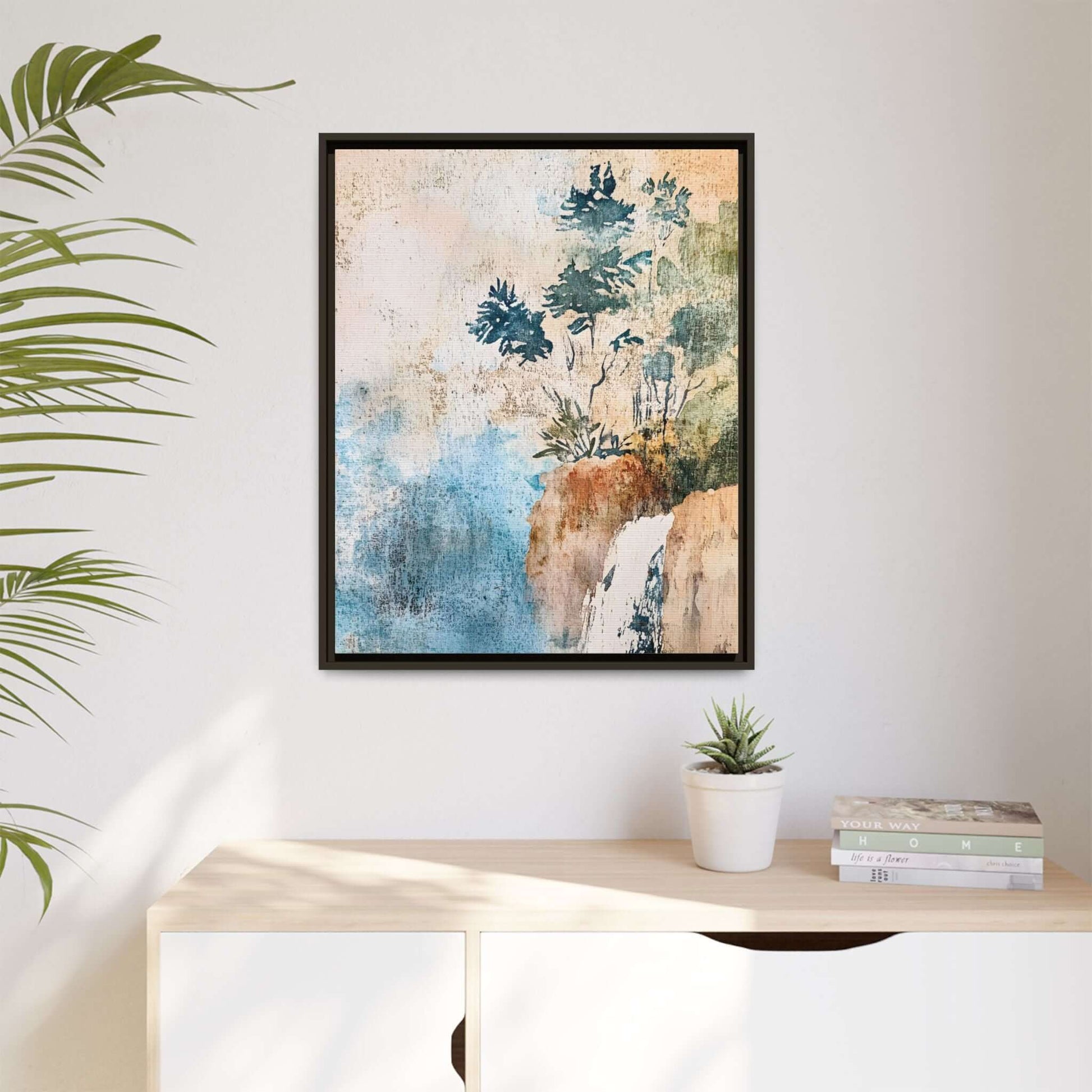 Framed watercolor canvas print of a misty forest landscape hanging on a wall, adding natural elegance and serenity to home decor.