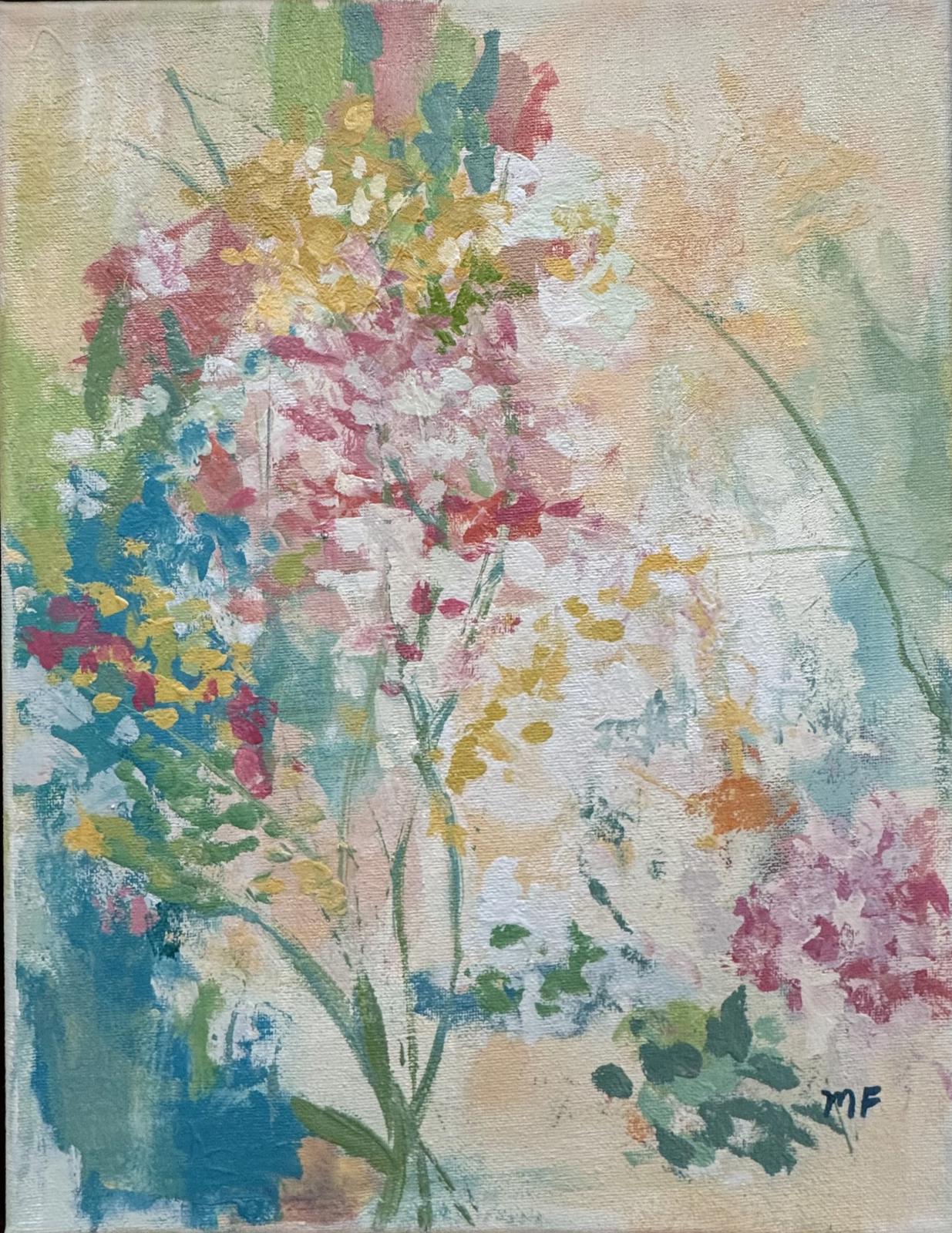 Original Painting by Mechelle Flowers “Wild Bloom Study” 11"x14"— Gold Floating Frame depicting vibrant florals in soft neutrals.