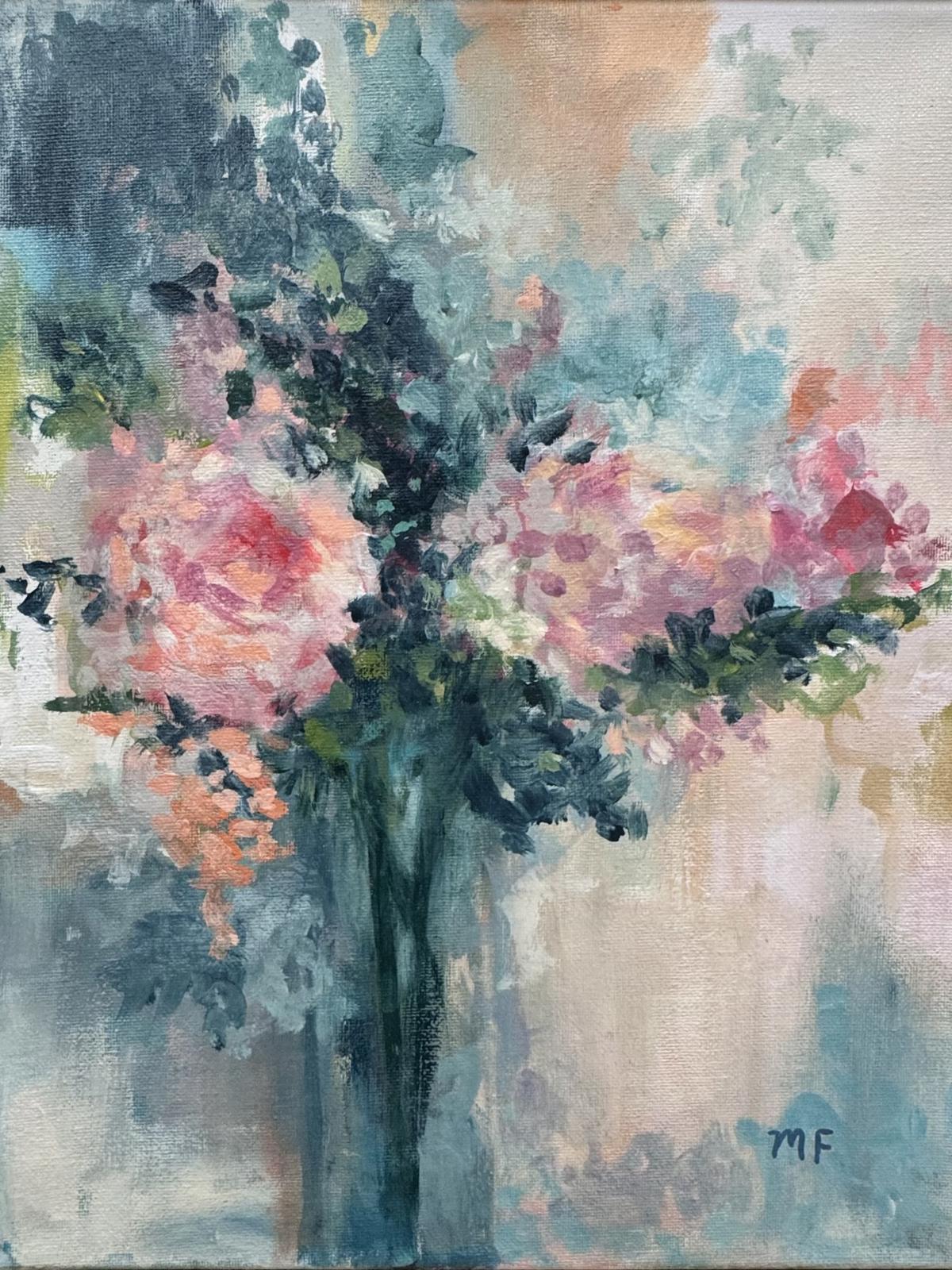Original Painting by Mechelle Flowers — “Blush & Verdigris” showcasing expressive florals in soft blush and deep teal tones on canvas.