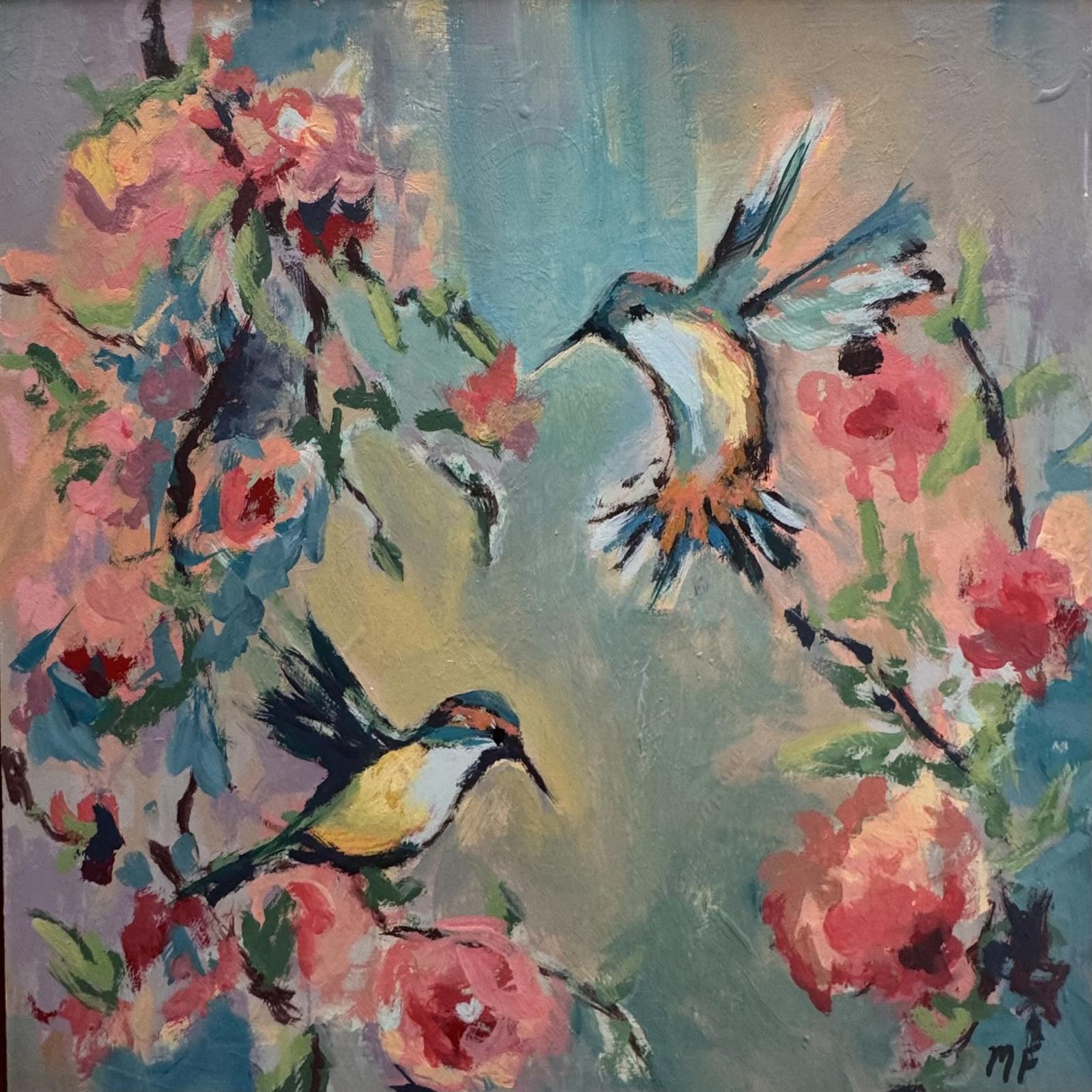 Original Painting by Mechelle Flowers — “Garden in Motion” 12x12 Framed in Floating Gold Frame with hummingbirds and florals