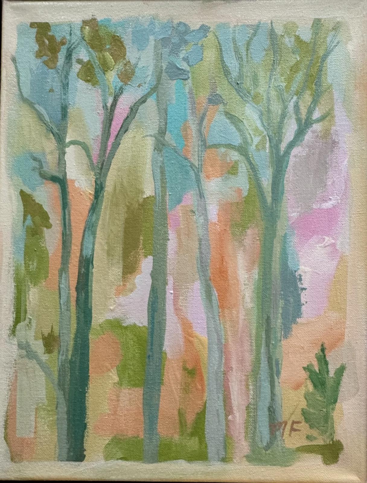 Original Painting by Mechelle Flowers — “Vertical Quiet” 11x14 Framed in Gold Floating Frame featuring abstract woodland scene.