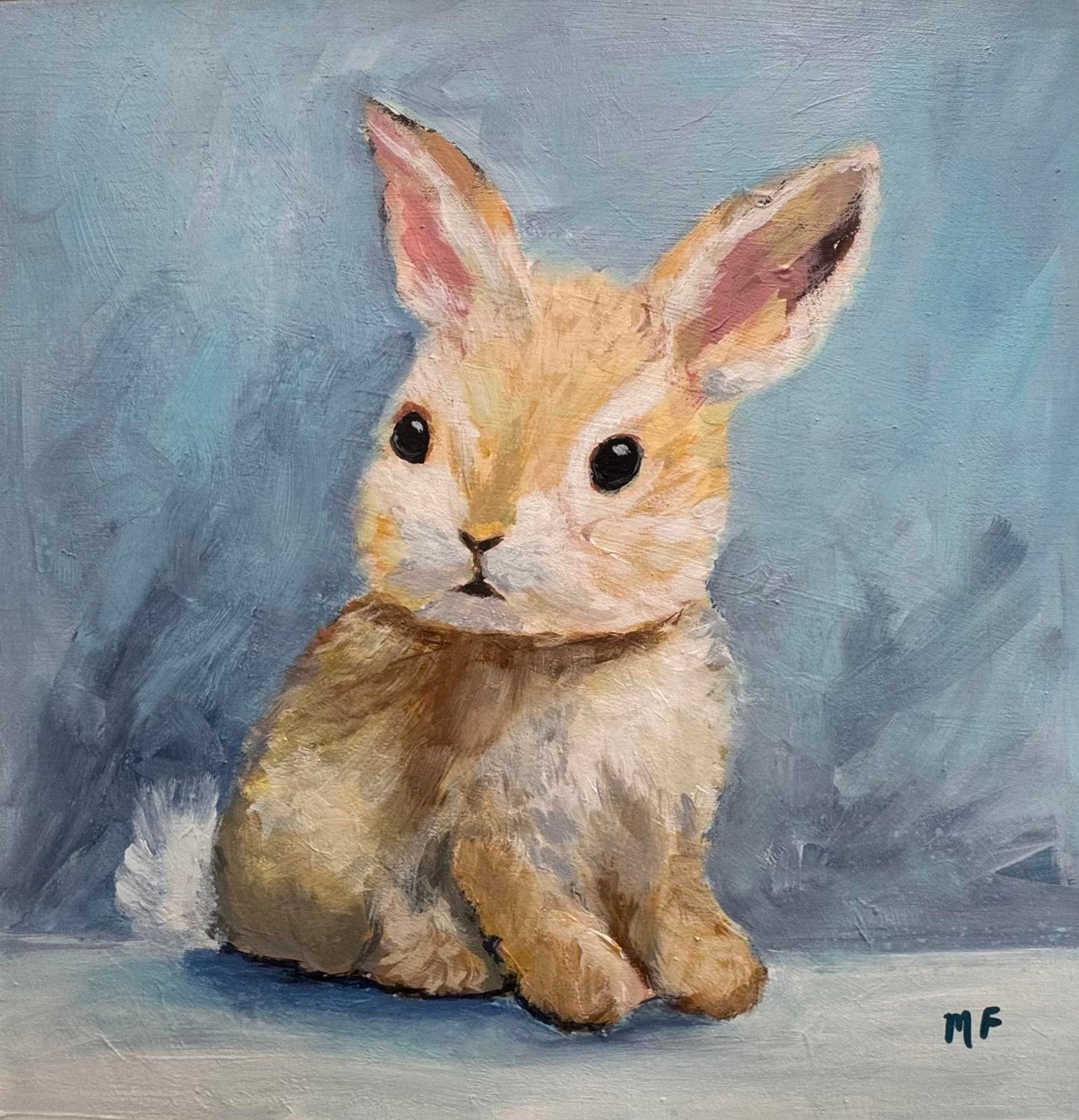 Original Painting by Mechelle Flowers — “Little Watcher” 12x12 Framed in Floating Frame, rabbit portrait on blue-gray background