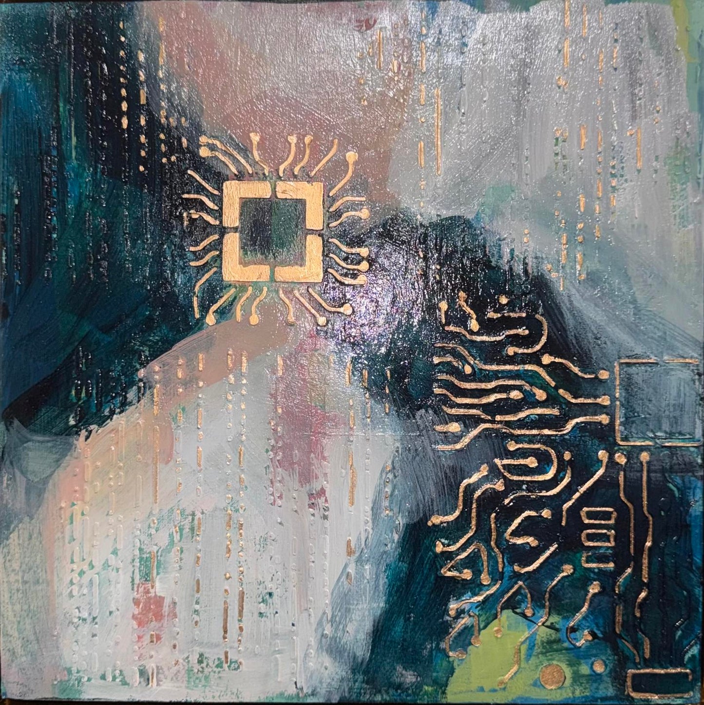Abstract artwork with circuit-like patterns on a textured background
