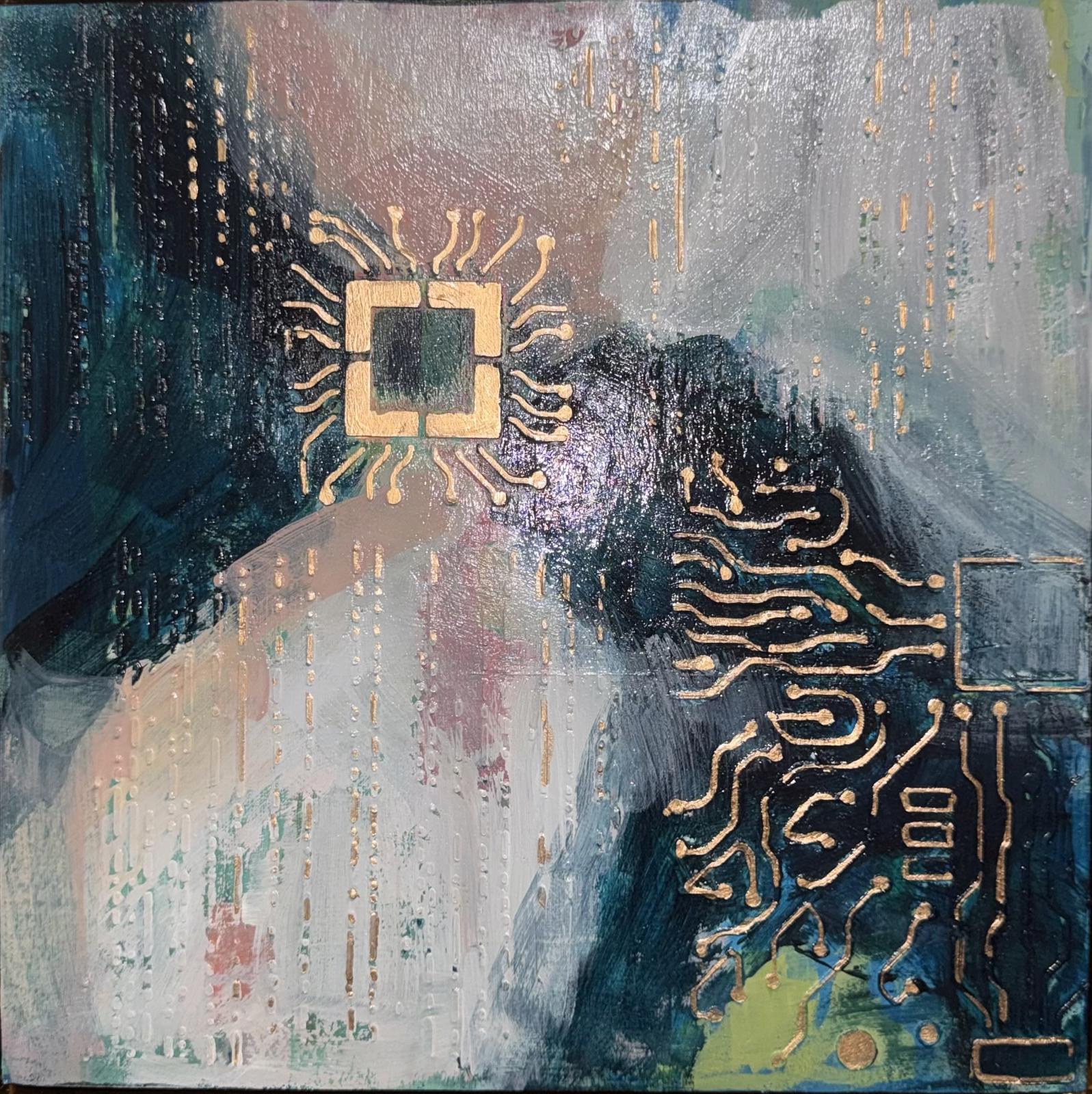 Abstract artwork with circuit-like patterns on a textured background