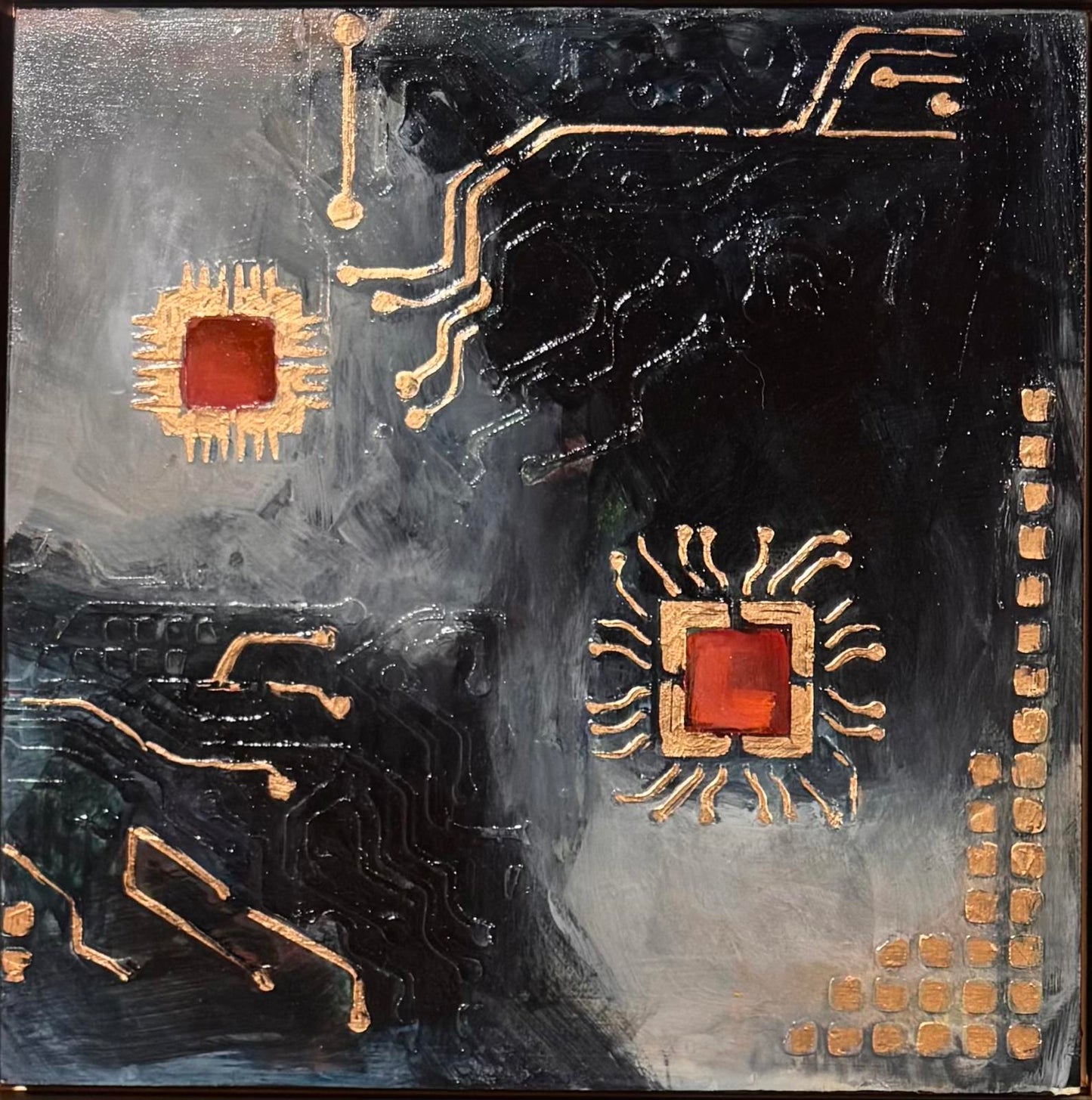 Abstract artwork with geometric shapes and patterns on a textured surface