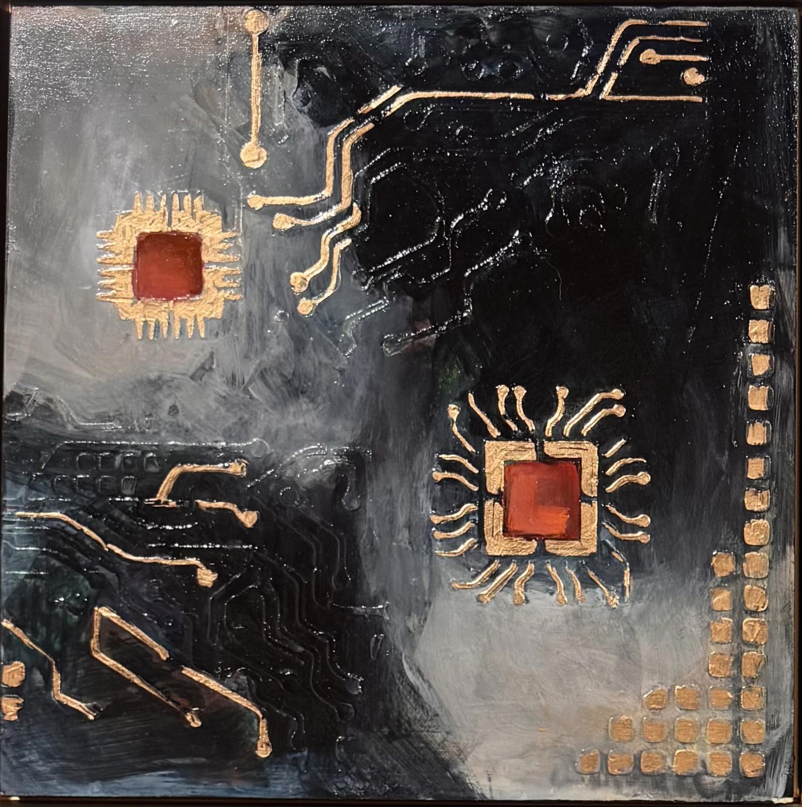 Abstract artwork with geometric shapes and patterns on a textured surface