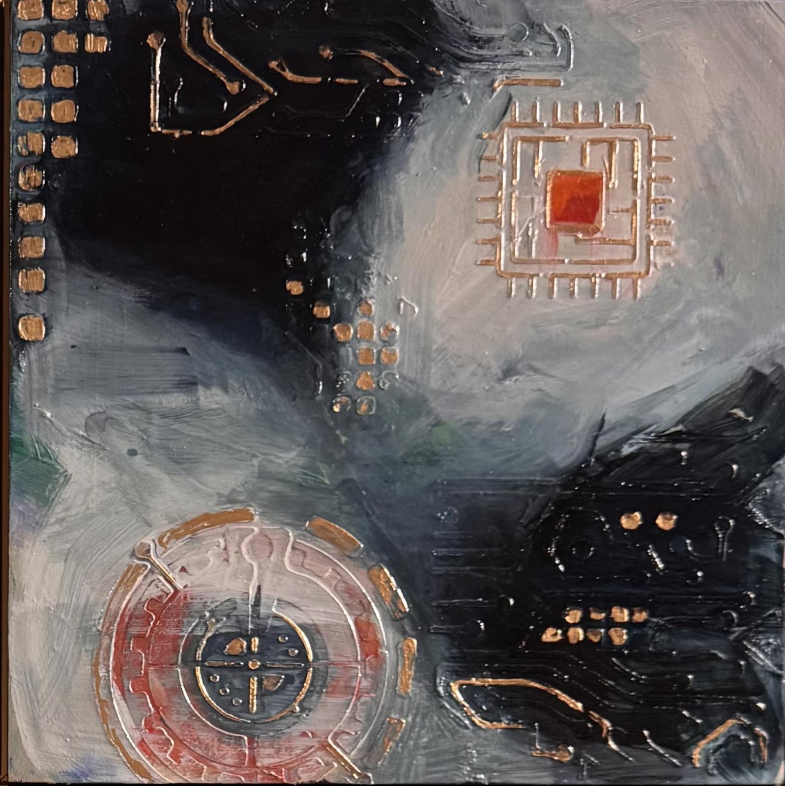 Abstract artwork with geometric shapes and patterns on a textured surface