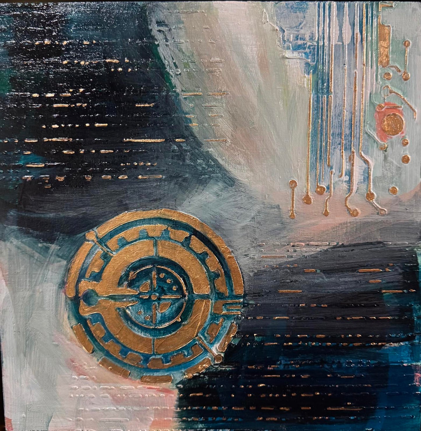 Abstract artwork with geometric shapes and patterns