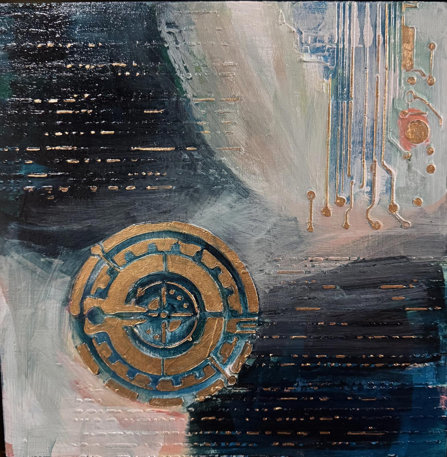 Abstract artwork with geometric shapes and patterns