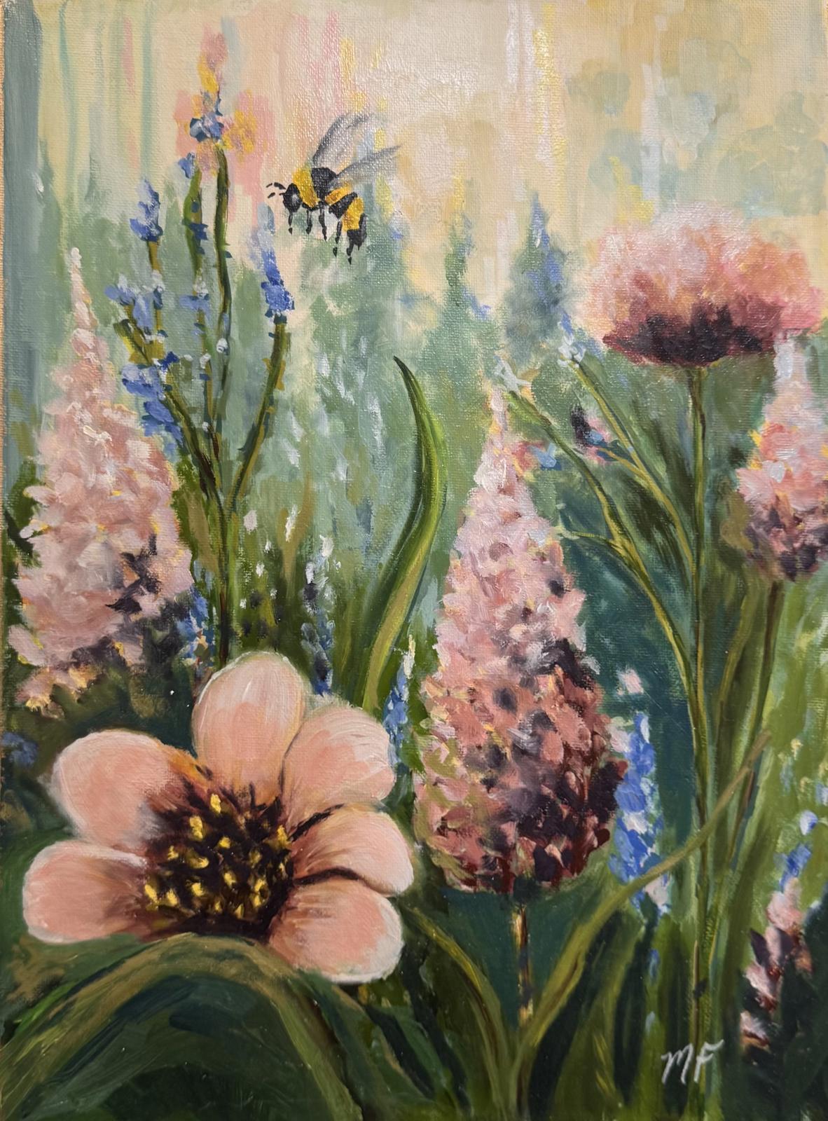 Painting of flowers and a bee in a garden setting