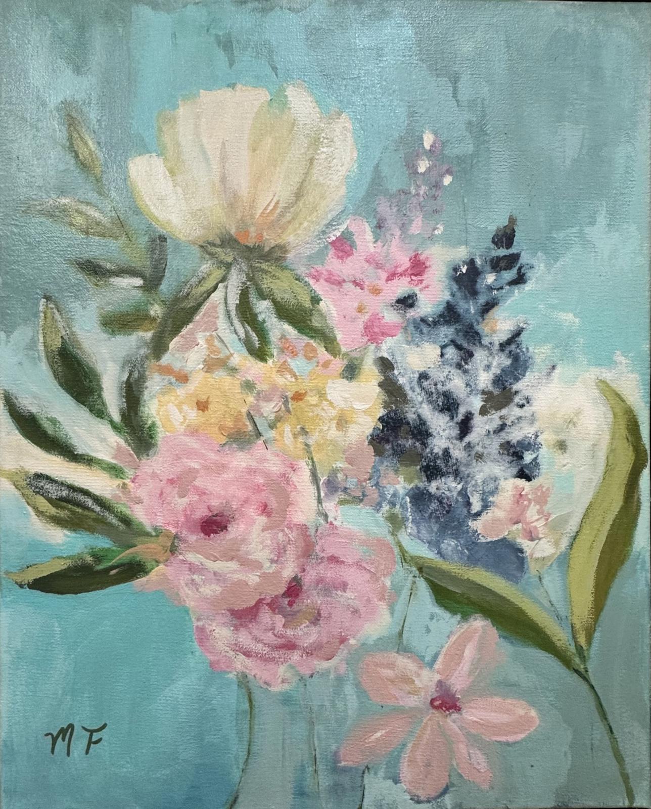 Original Painting by Mechelle Flowers — “Summer Arrangement” 16x20 Framed in Gold Floating Frame featuring floral bouquet on turquoise.