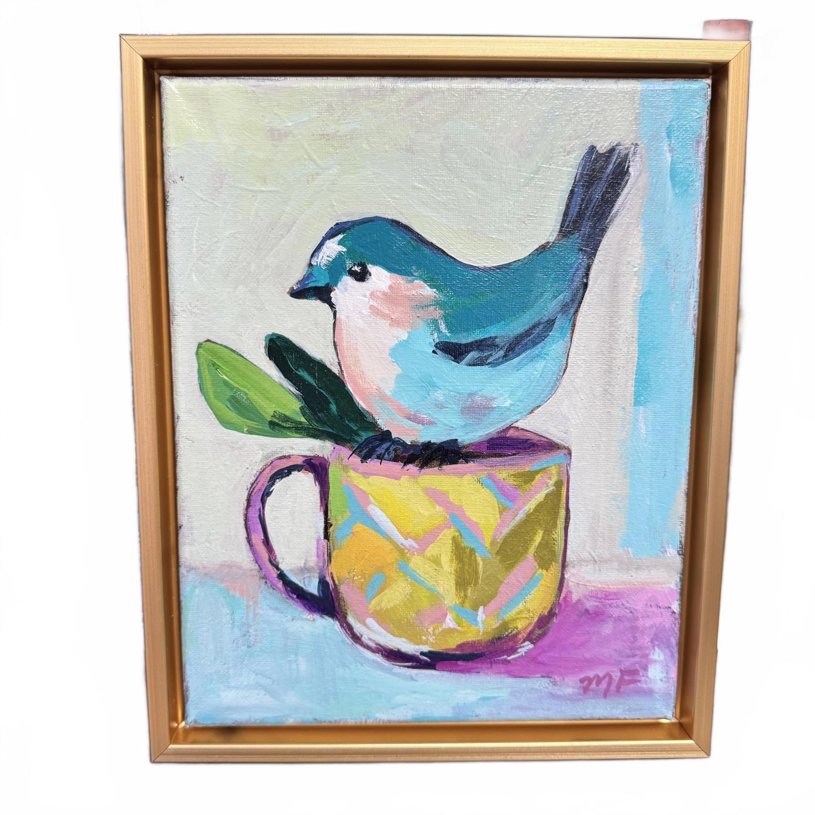 Original Painting by Mechelle Flowers “Morning Visitor” Size 8x10 On Canvas Framed In A Gold Floater Frame, blue bird on mug.