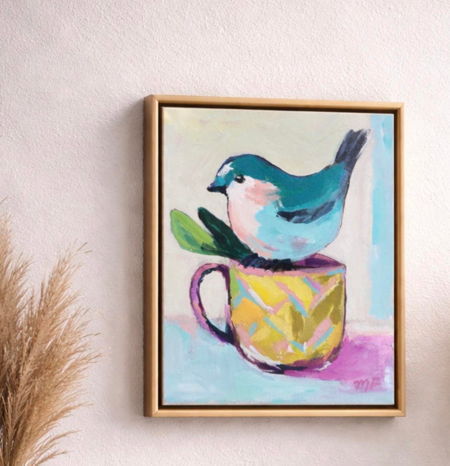 Original Painting by Mechelle Flowers “Morning Visitor” Size 8x10 On Canvas Framed In A Gold Floater Frame, featuring a blue bird.