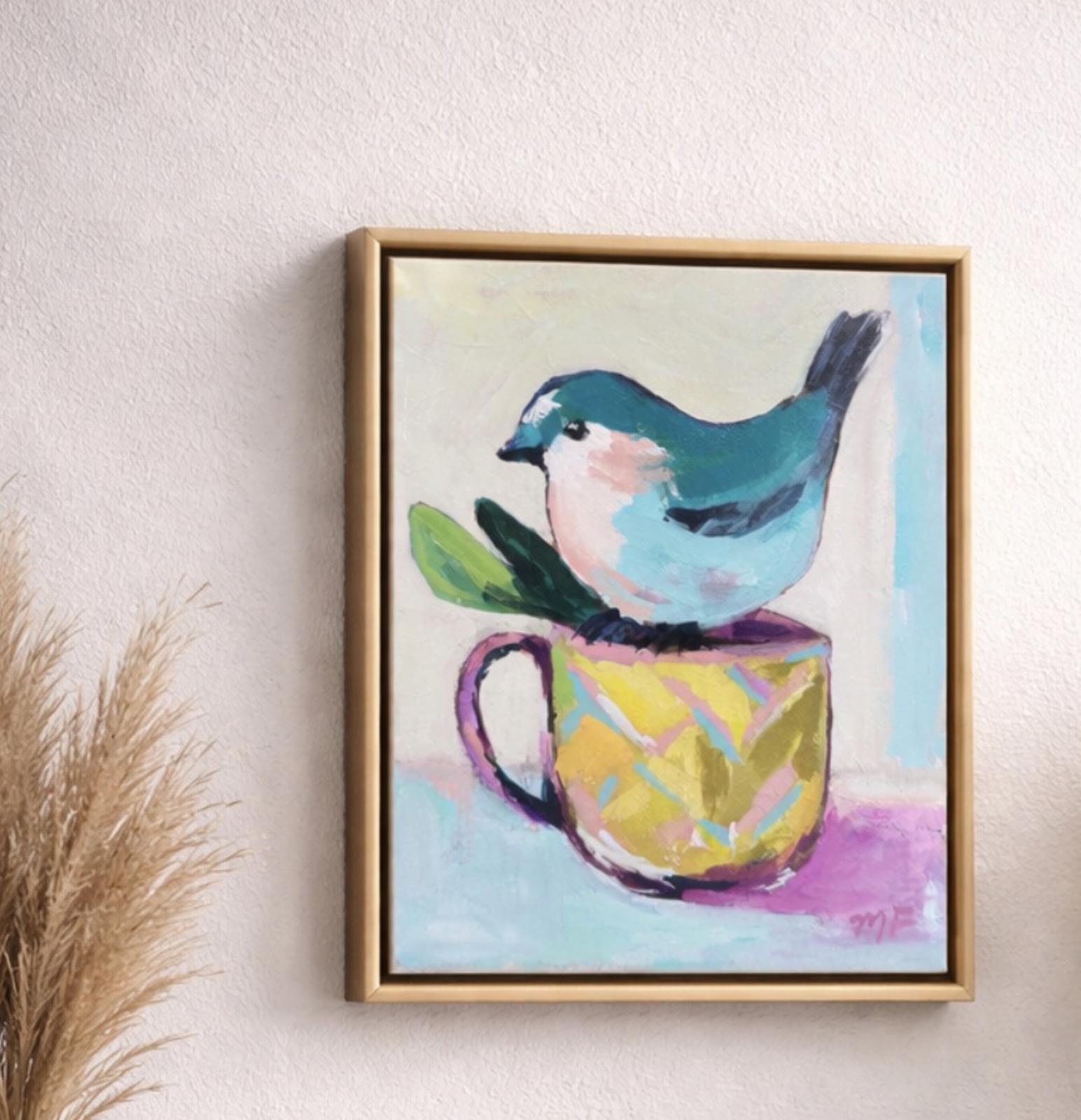 Original Painting by Mechelle Flowers “Morning Visitor” Size 8x10 On Canvas Framed In A Gold Floater Frame, featuring a blue bird.