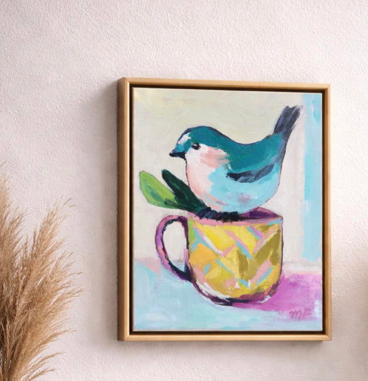 Original Painting by Mechelle Flowers “Morning Visitor” Size 8x10 On Canvas Framed In A Gold Floater Frame, featuring a blue bird.