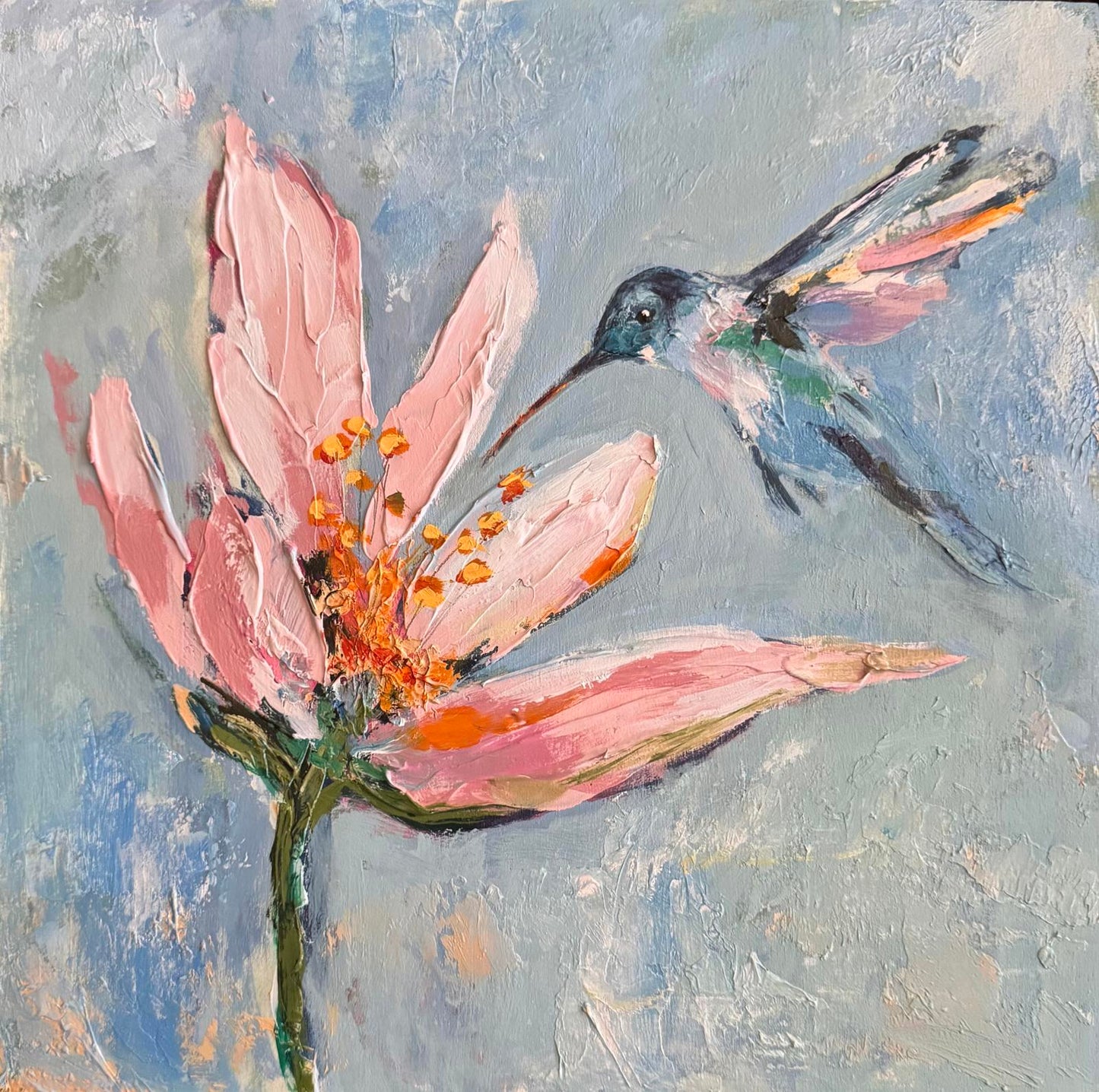 Painting of a hummingbird feeding on a pink flower with a textured gray background