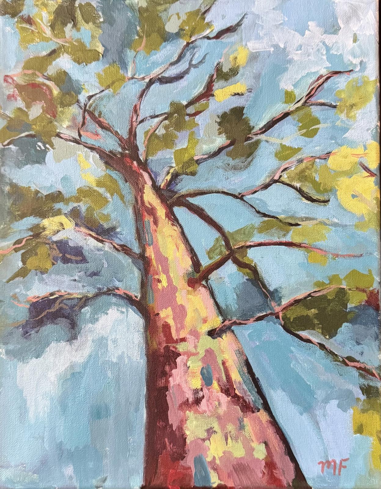 Colorful painting of a tree with a blue sky background