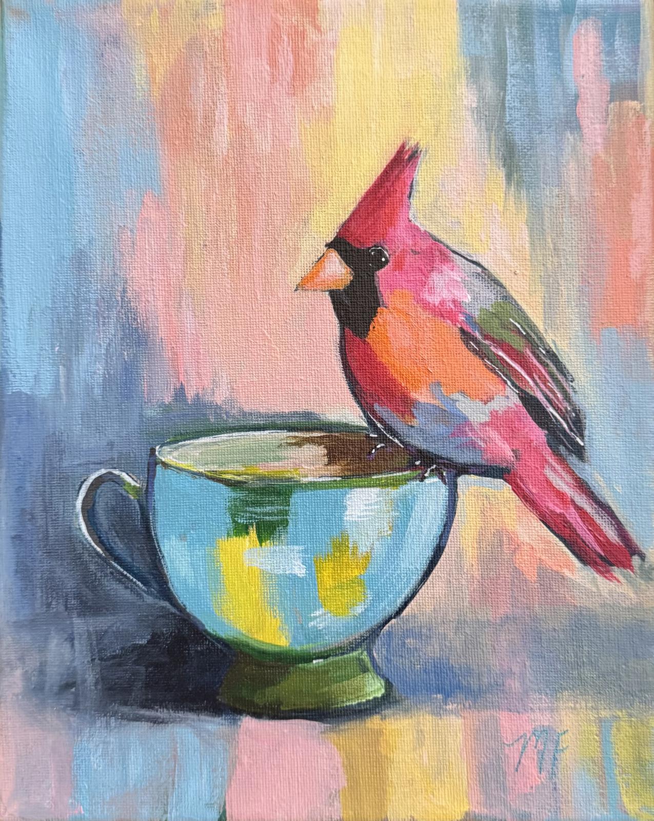 Painting of a cardinal bird perched on a teacup with a colorful abstract background