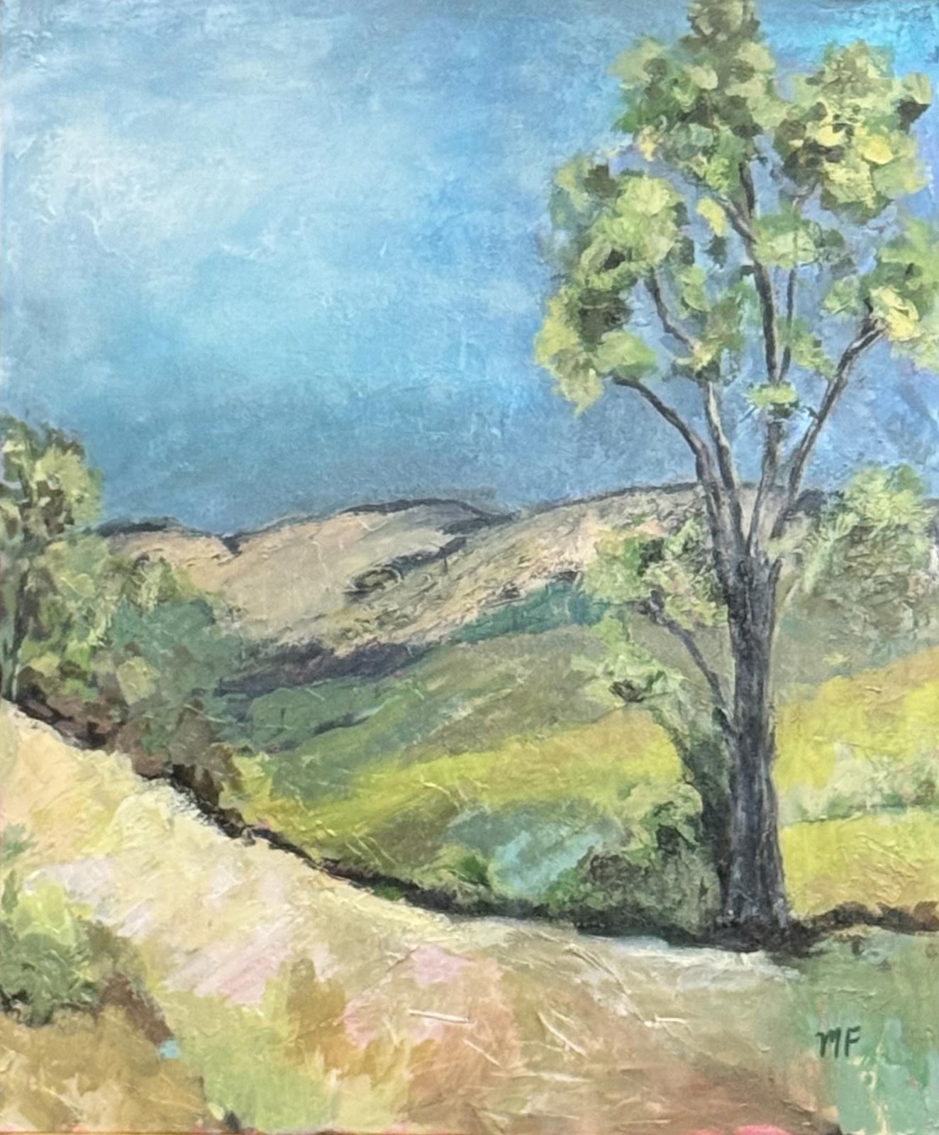 Painting of a tree in a landscape with rolling hills and a blue sky.