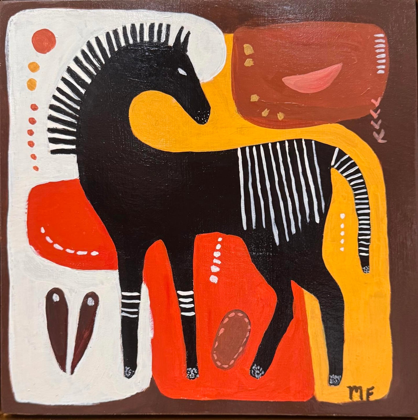Abstract painting of a black horse with zebra stripes on a brown background