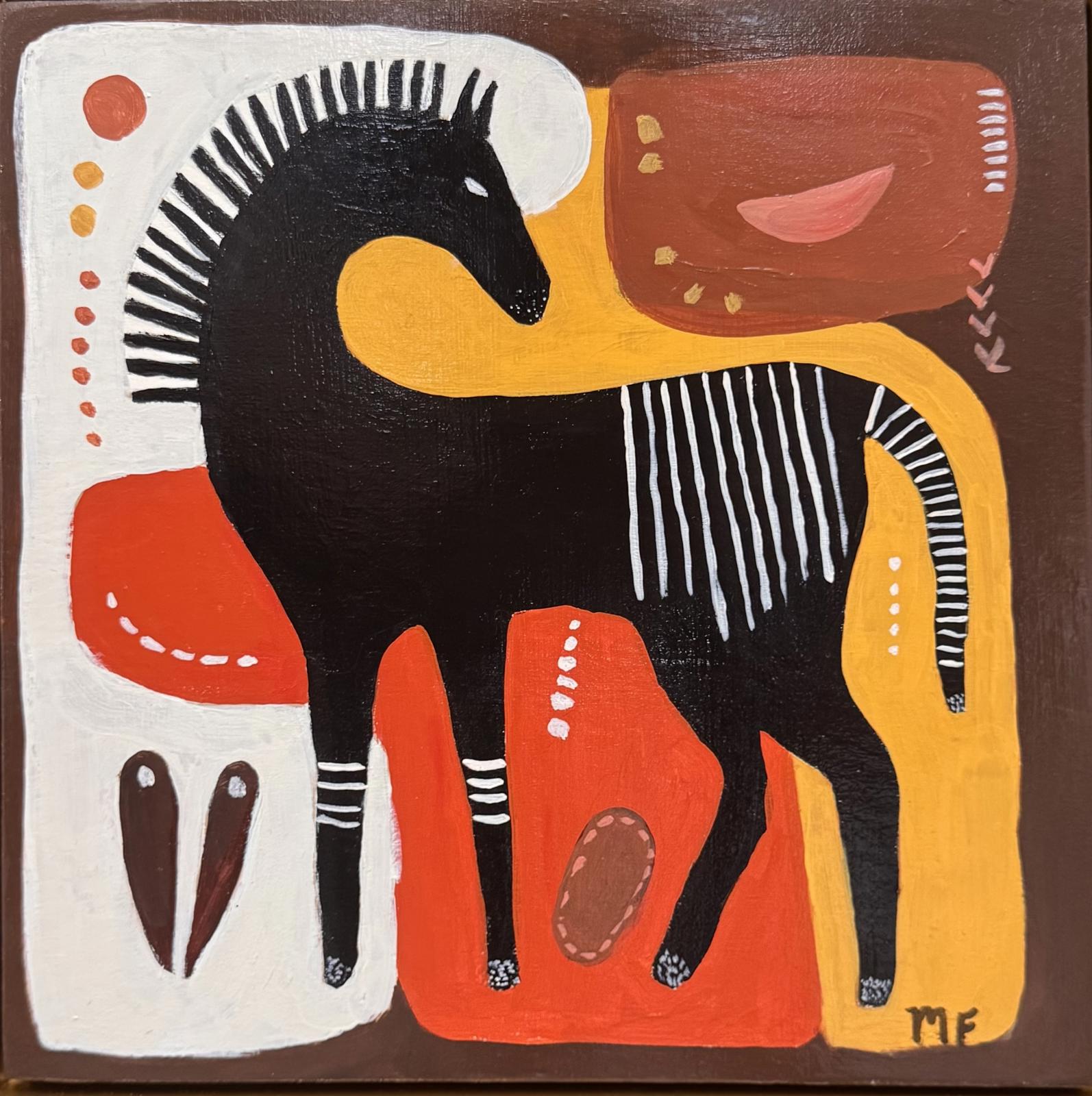 Abstract painting of a black horse with zebra stripes on a brown background