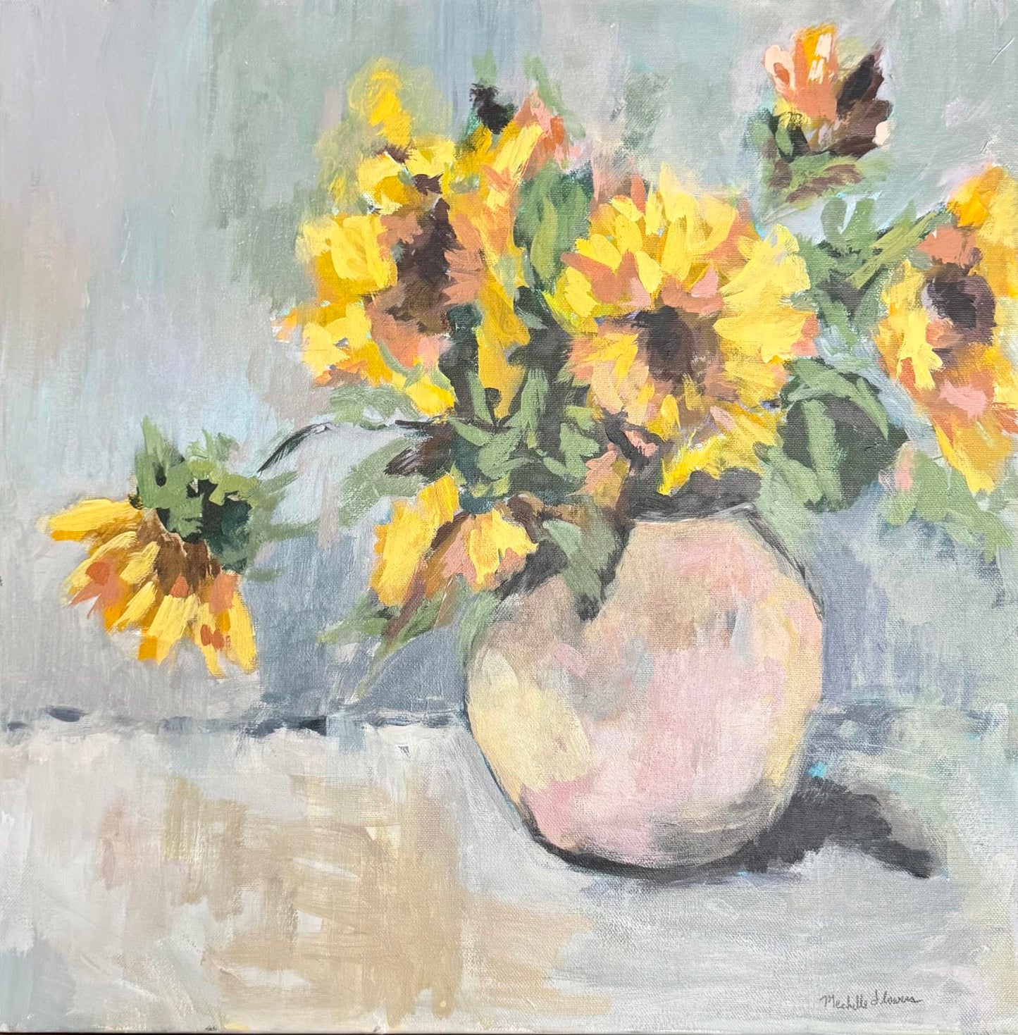 Painting of sunflowers in a vase on a textured surface