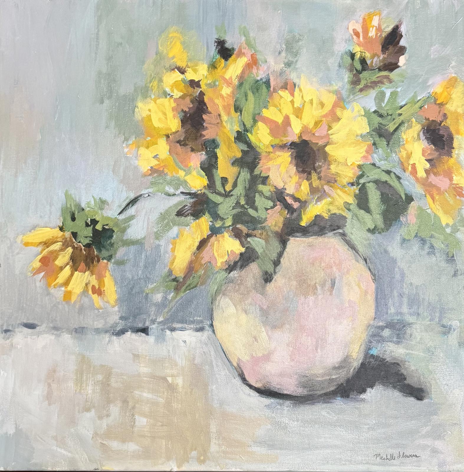 Painting of sunflowers in a vase on a textured surface